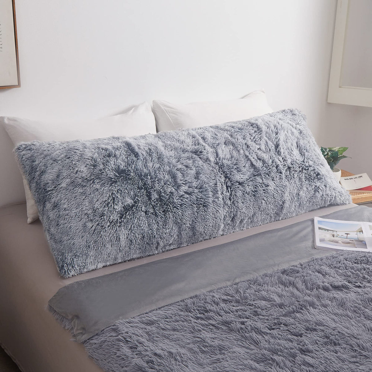 Mego Shaggy Plush Body Pillow Cover, Light Gray Faux Fur Fluffy Body Pillowcase, 20X54 Boho Fuzzy Full Body Pillow Case, Furry R