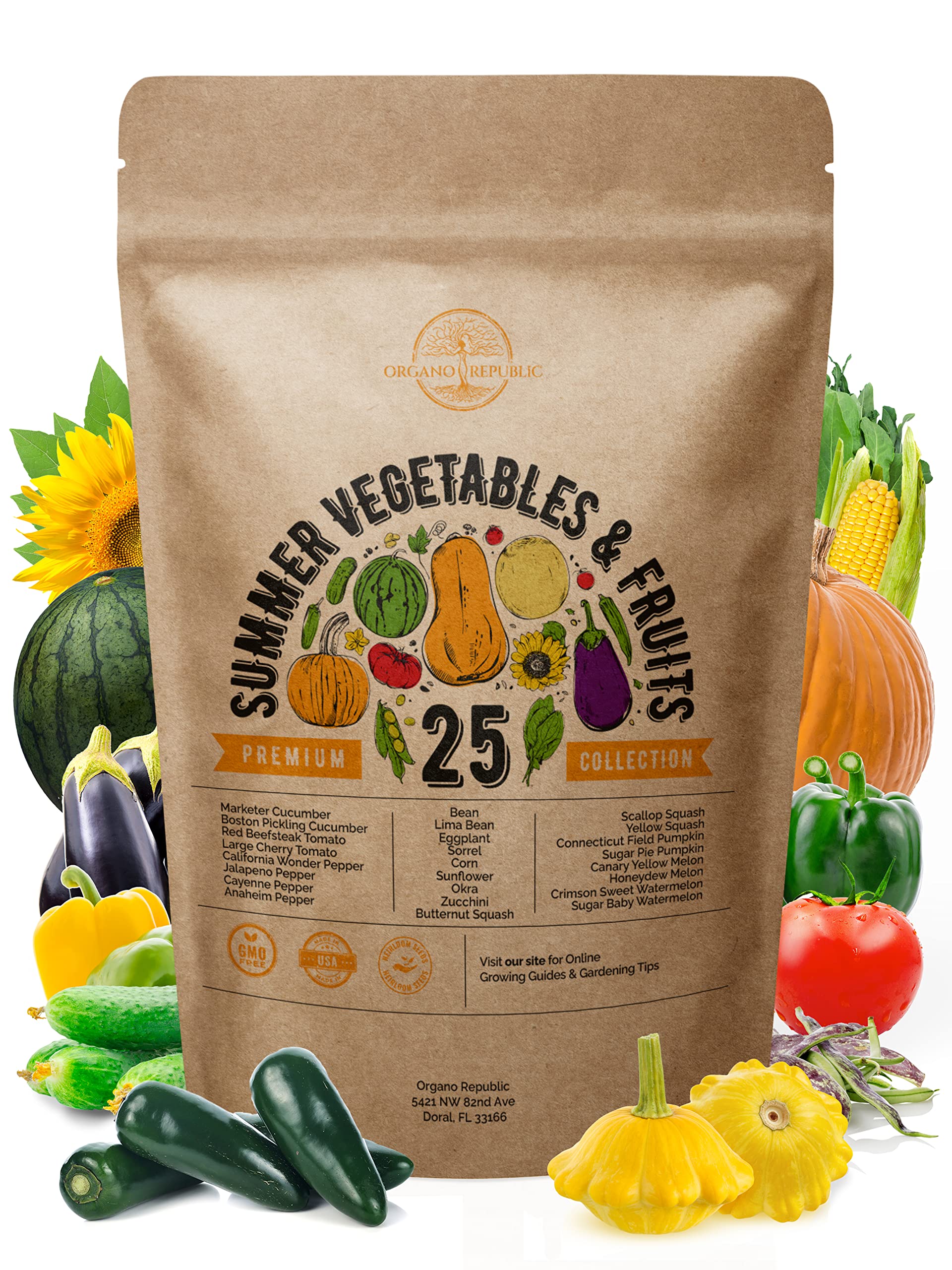 Organo Republic 25 Summer Vegetable & Fruit Seeds Variety Pack For Outdoors And Indoor Home Gardening 1500+ Non-Gmo Heirloom Veg