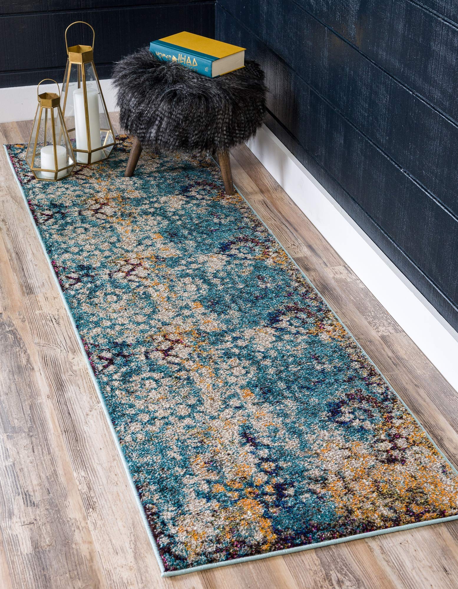 Unique Loom Vita Collection Traditional Over-Dyed Saturated Floral Medallions Area Rug, 2 ft x 6 ft 7 in, Turquoise/Ivory