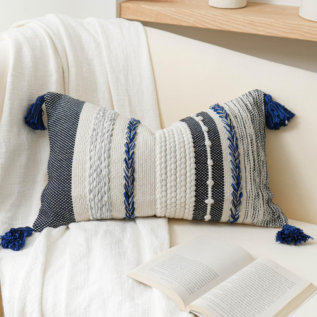 Blissblush Decorative Lumbar Throw Pillow Cover 14X24 Boho Dark Blue Accent Cushion For Couch Sofa Farmhouse Pillowcase For Bedr