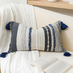 Blissblush Decorative Lumbar Throw Pillow Cover 14X24 Boho Dark Blue Accent Cushion For Couch Sofa Farmhouse Pillowcase For Bedr