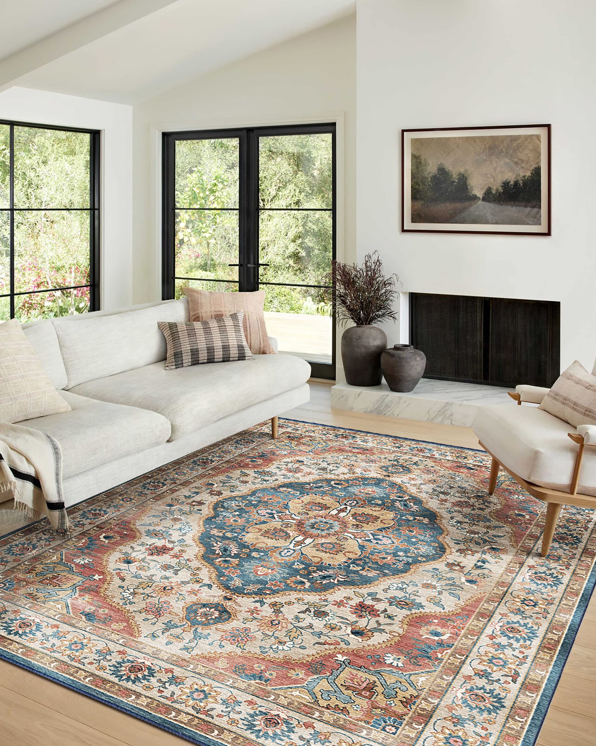 Vivorug Washable Rug, Ultra Soft Area Rug 8x10, Non Slip Vintage Rug Foldable, Stain Resistant Rugs for Living Room, Tribal Meda