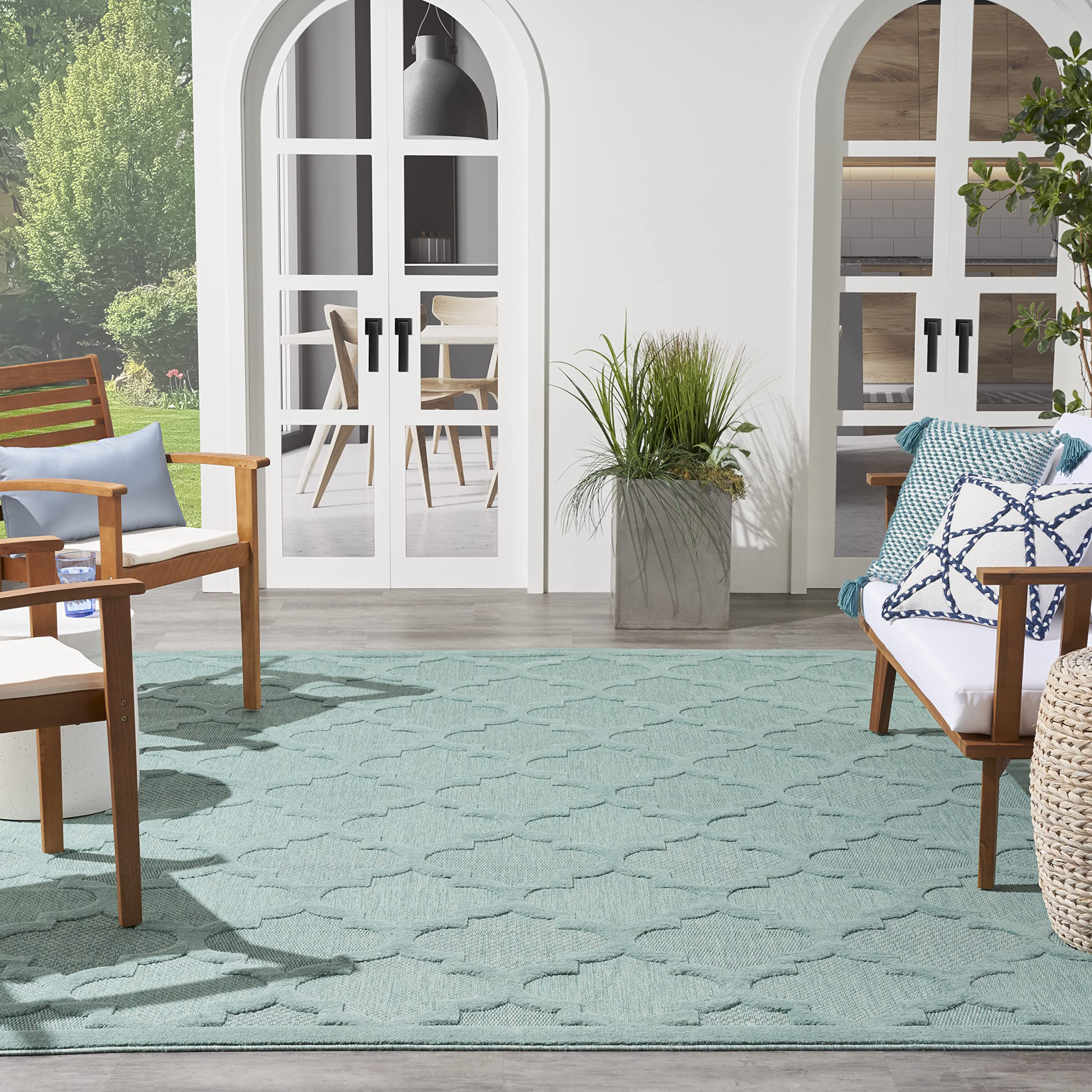Nourison Easy Care Moroccan Aqua/Teal 8' X 10' Area Rug, Trellis, Easy Cleaning, Non Shedding, Bed Room, Living Room, Dining Roo
