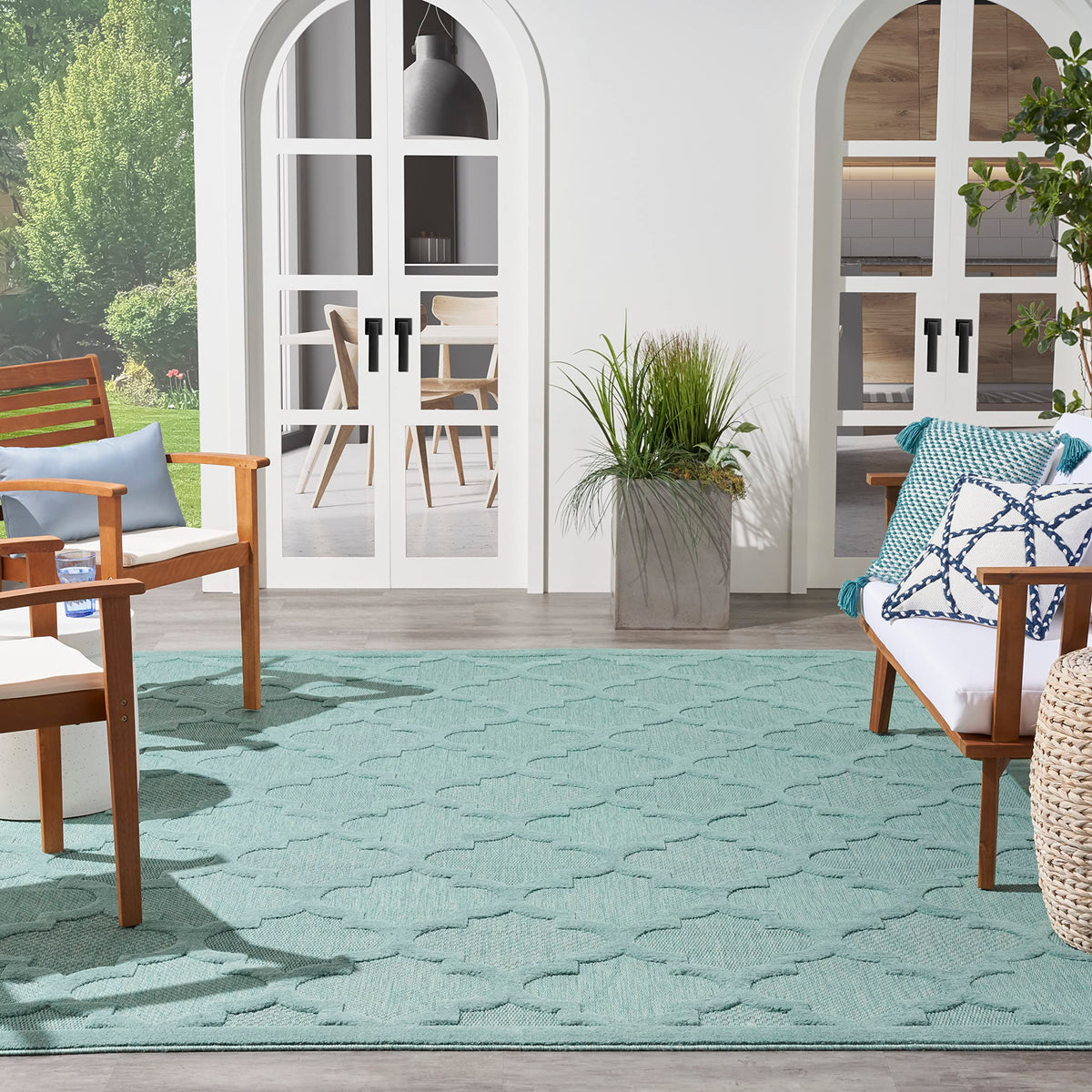 Nourison Easy Care Moroccan Aqua/Teal 9' X 12' Area Rug, Trellis, Easy Cleaning, Non Shedding, Bed Room, Living Room, Dining Roo