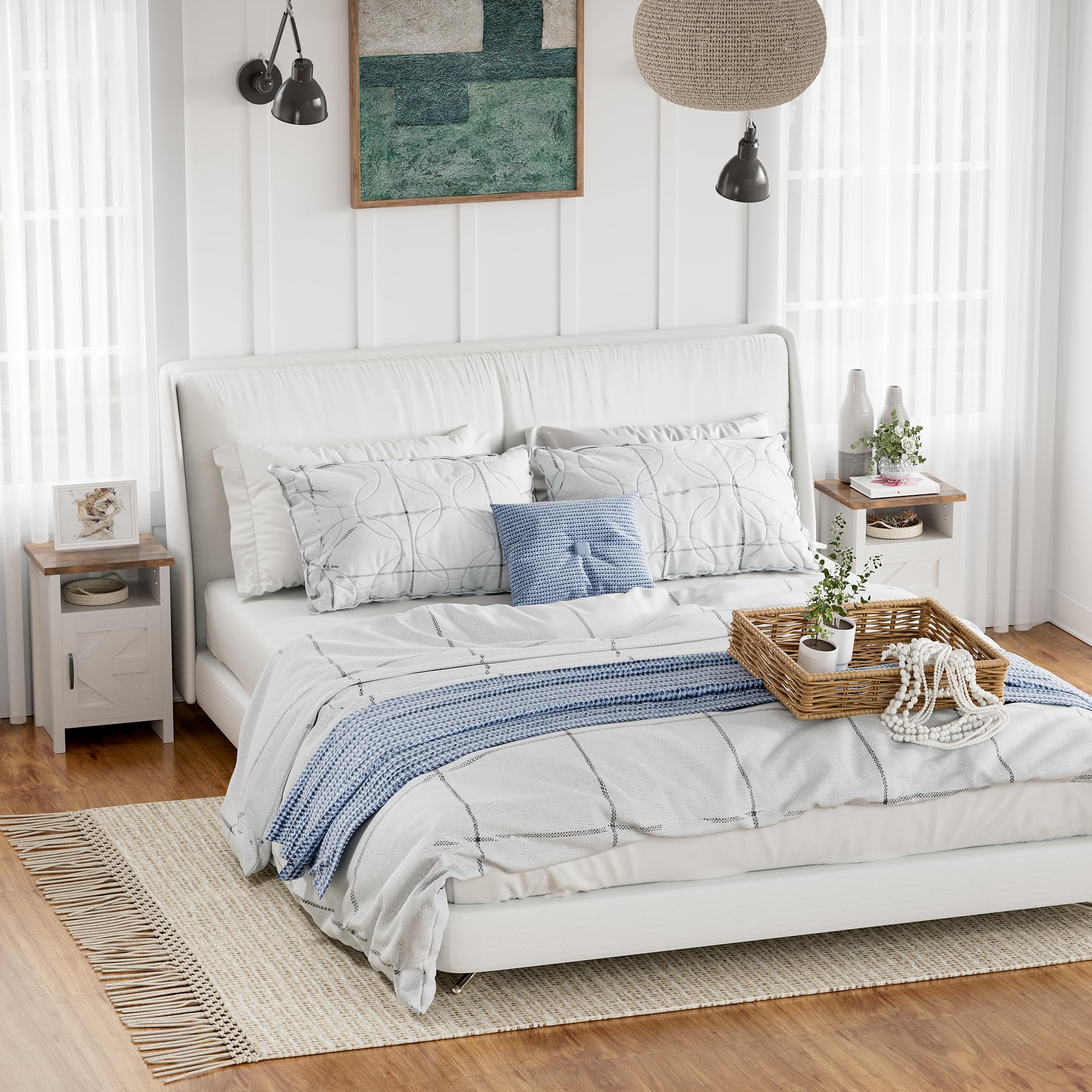 Yeshomy Farmhouse Modern Nightstand With Shelf And Barn Door, Set Of 2 For Bedroom, White