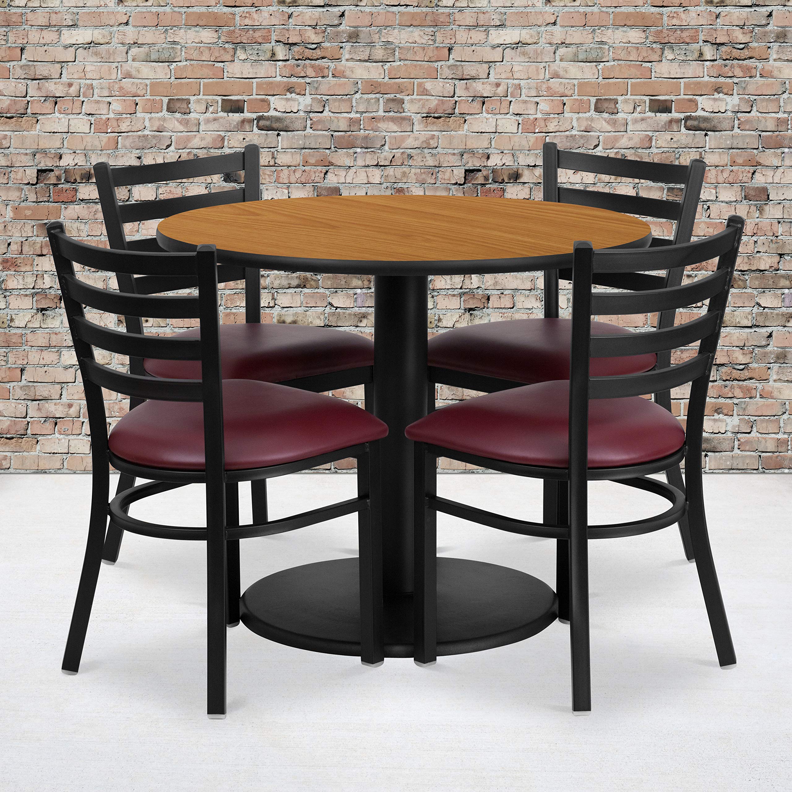 Flash Furniture 36'' Round Natural Laminate Table Set With Round Base And 4 Ladder Back Metal Chairs - Burgundy Vinyl Seat