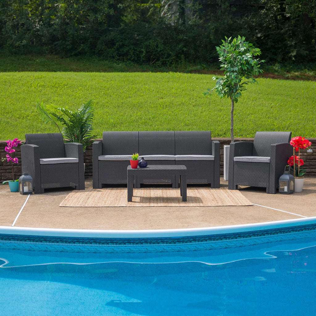 Flash Furniture Seneca Dark Gray Faux Rattan Sofa with All-Weather Seneca Light Gray Cushions