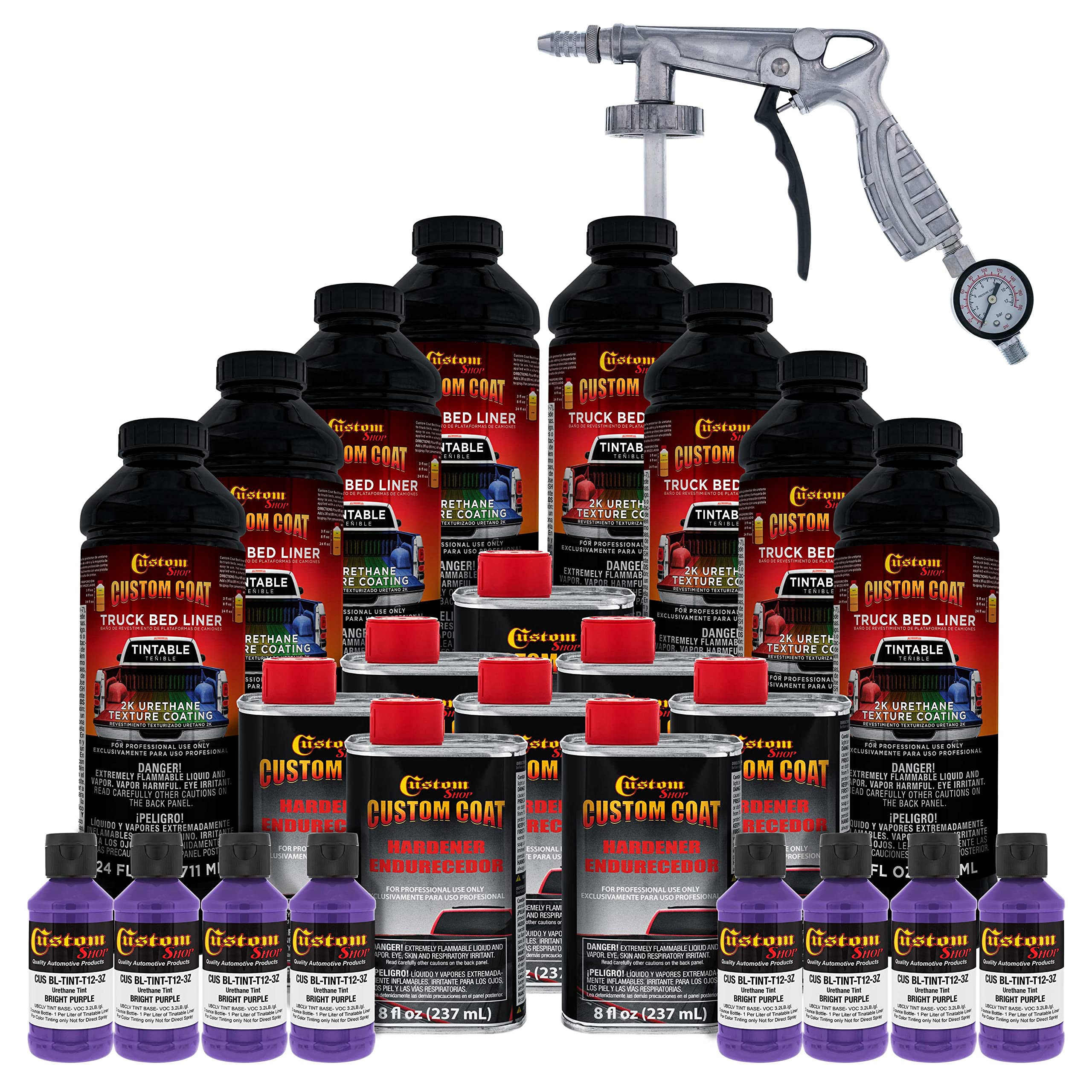 Custom Coat Bright Purple 2 Gallon (8 Quart) Urethane Spray-On Truck Bed Liner Kit With Spray Gun And Regulator - Easy Mixing, S