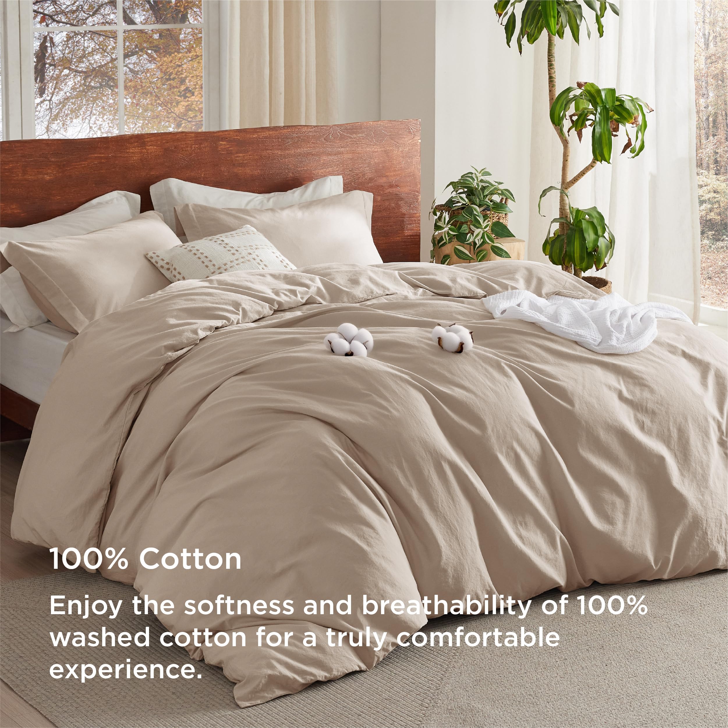 Bedsure 100% Washed Cotton Duvet Cover King Size - Beige Minimalist Cotton Duvet Cover Set Linen Like - 3 Pieces Gentlesoft™ Plain Simple Bedding Set With 2 Pillow Shams (Beige, King, 104'X90')