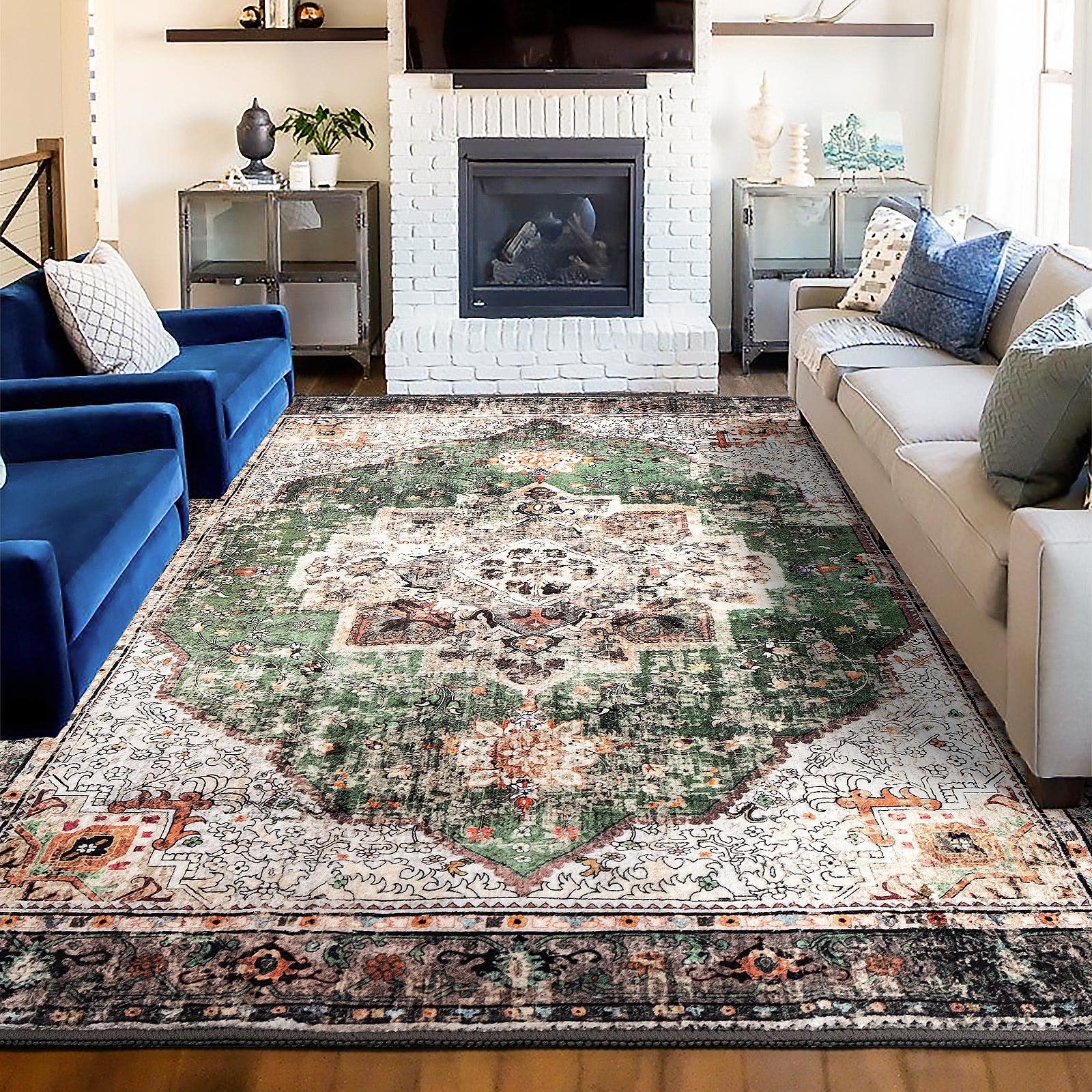 YesRug Area Rug 6x9 for Living Room Green Boho Rug Non-Slip Washable Vintage Low Pile Large Rug for Bedroom Dining Room