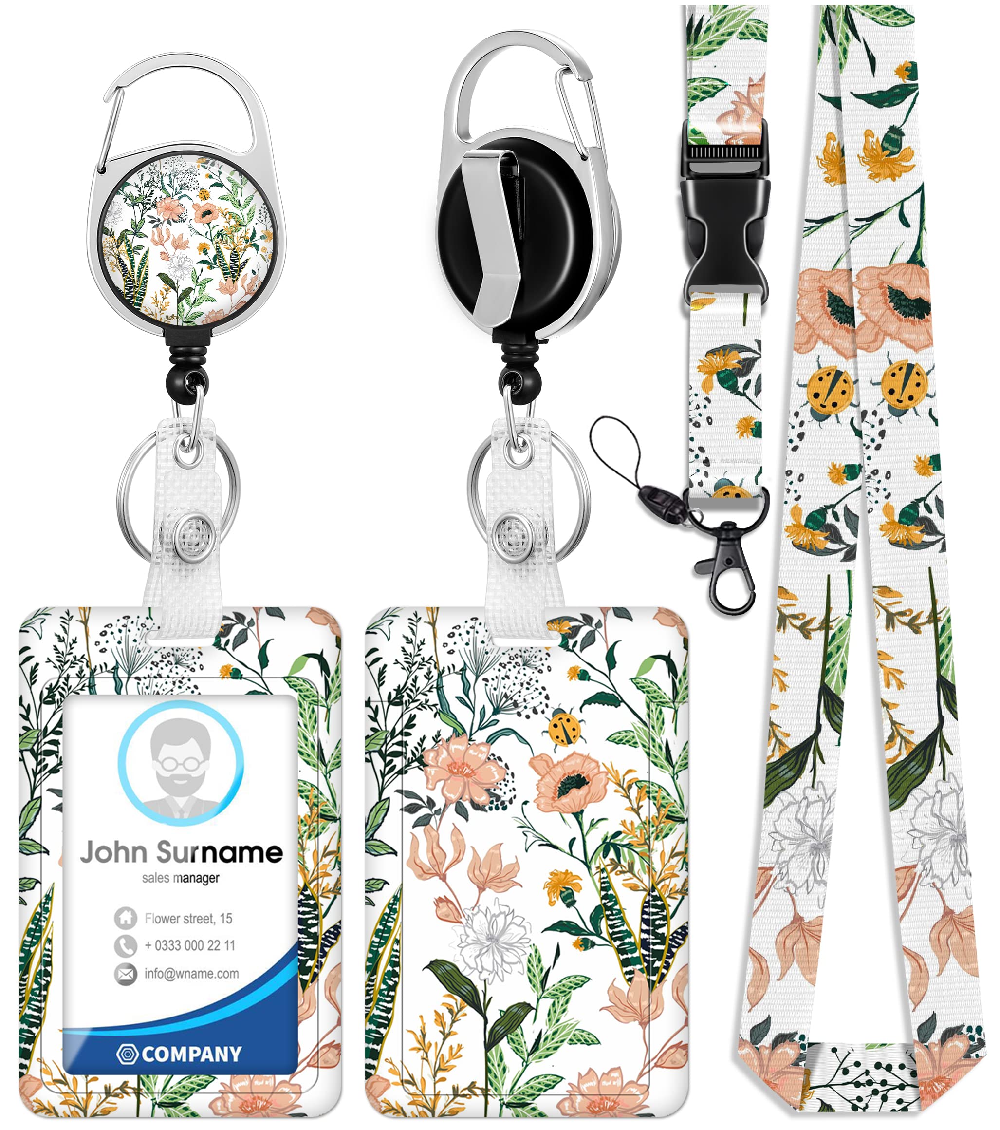 Toykee Id Badge Holder With Lanyard And Retractable Badge Reel Clip, Aesthetic Blooming Flower Card Name Tag Lanyard Vertical Id