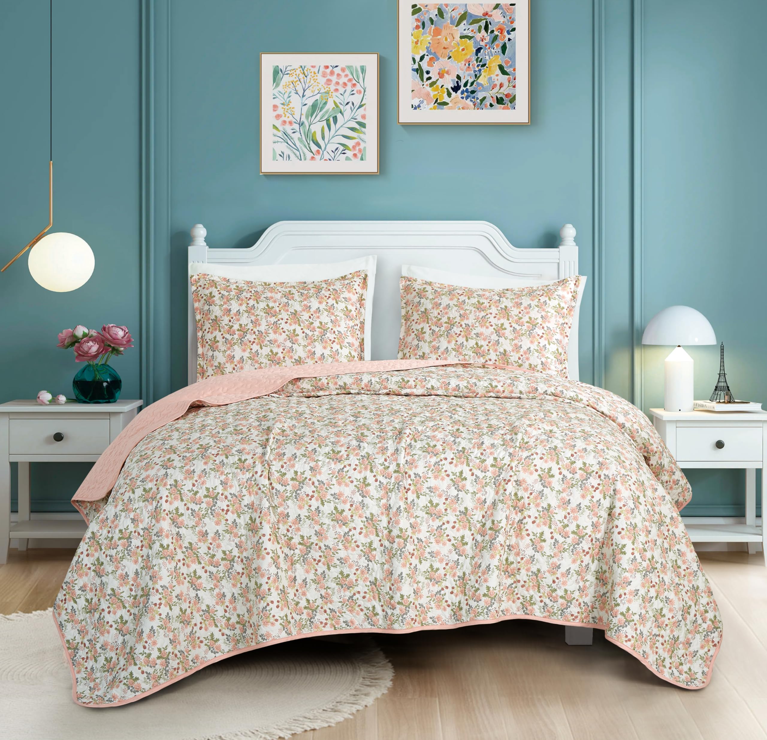 Chezmoi Collection Winika 3-Piece Floral Quilt Set Queen - Multicolor Pink Red Green Gray Floral Flowers Printed Microfiber Ligh