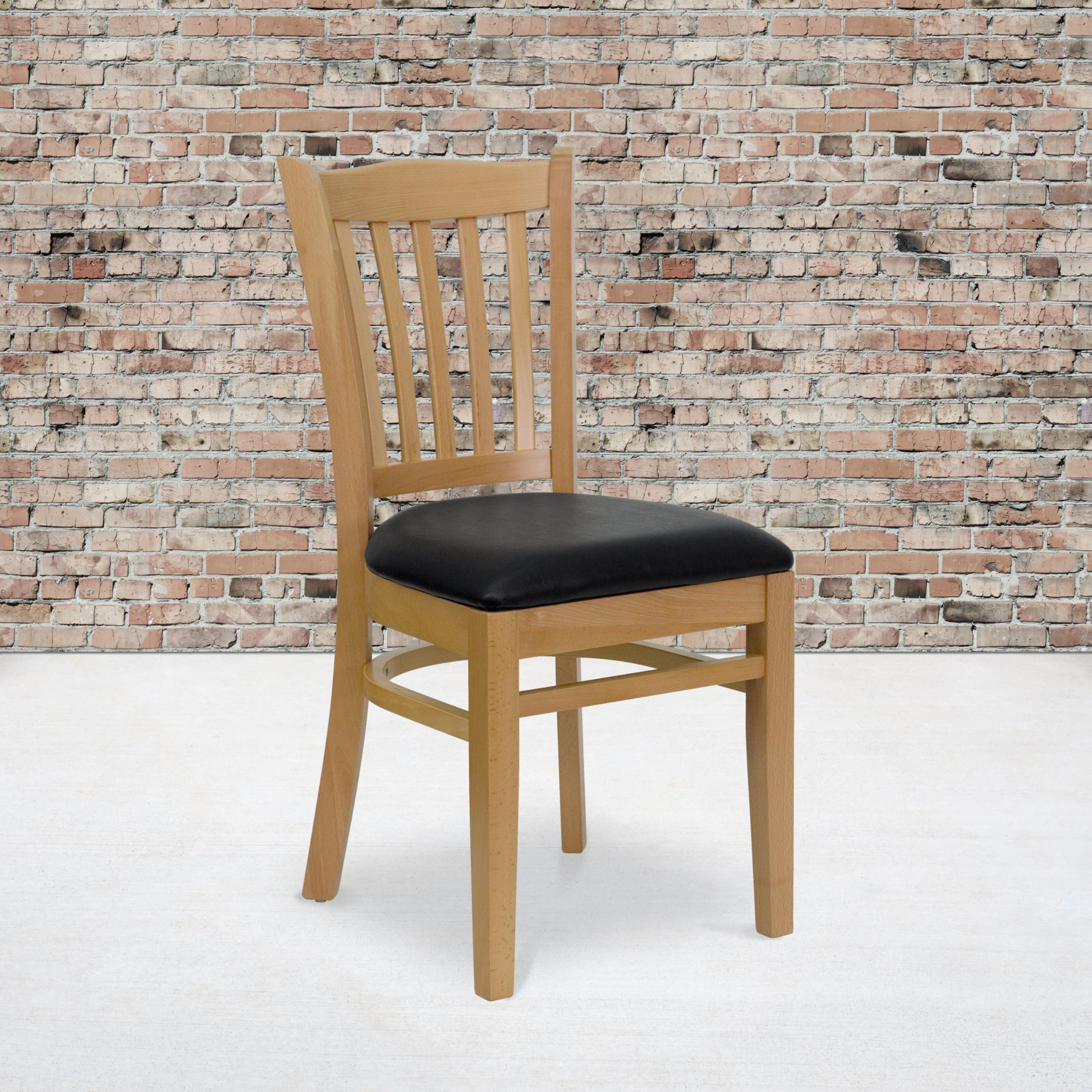 Flash Furniture HERCULES Series Vertical Slat Back Natural Wood Restaurant Chair - Black Vinyl Seat