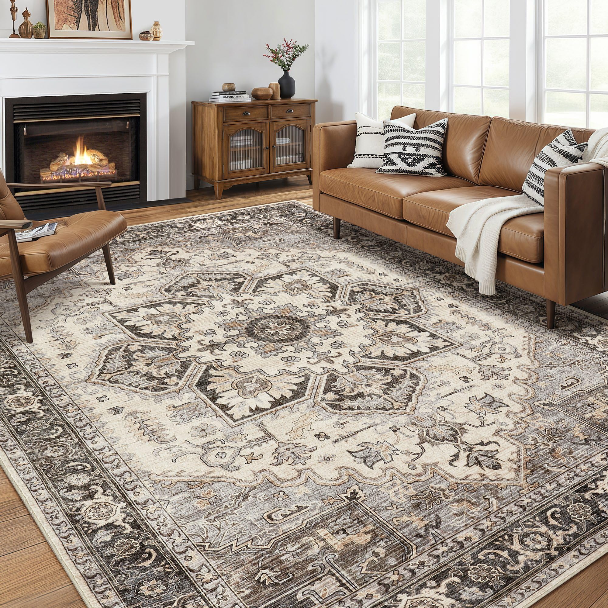 homewill Area Rug Living Room Rugs - 9x12 Soft Machine Washable Oriental Vintage Floral Distressed Rug Large Indoor Floor Carpet
