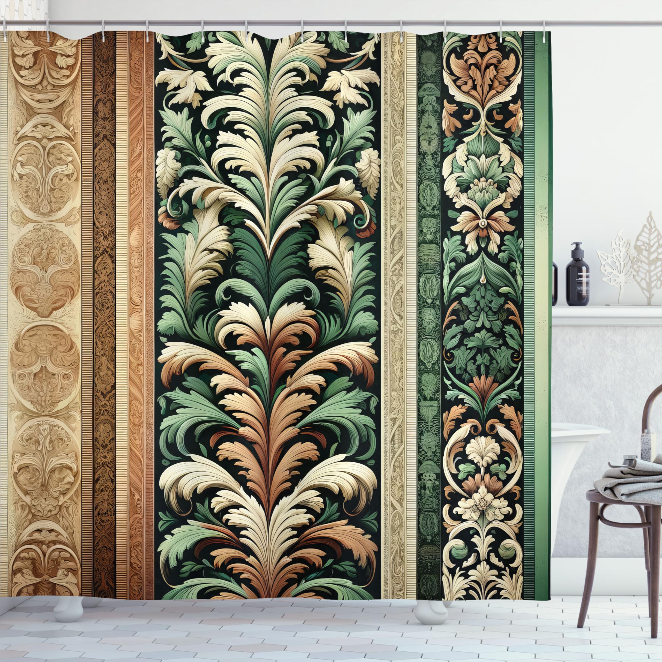 Ambesonne Green And Brown Shower Curtain, Jungle Damask Leafy Ornaments Ethnic Oriental Motifs Traditional Art, Cloth Fabric Bat