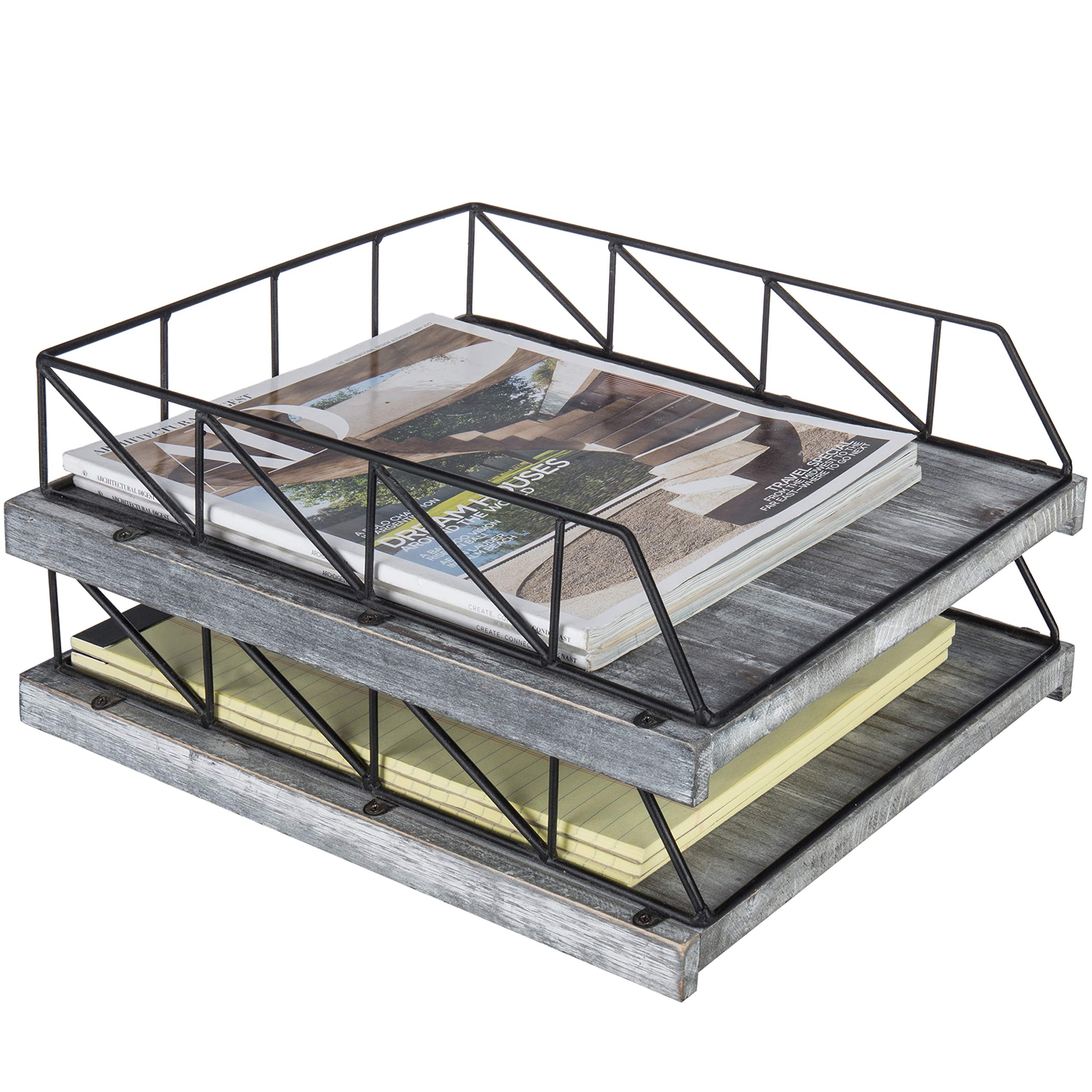 Mygif Vintage Gray Solid Wood Desktop Stackable Letter Tray File Organizer, Paper Tray Storage And Mail Sorter, Office Desk Docu