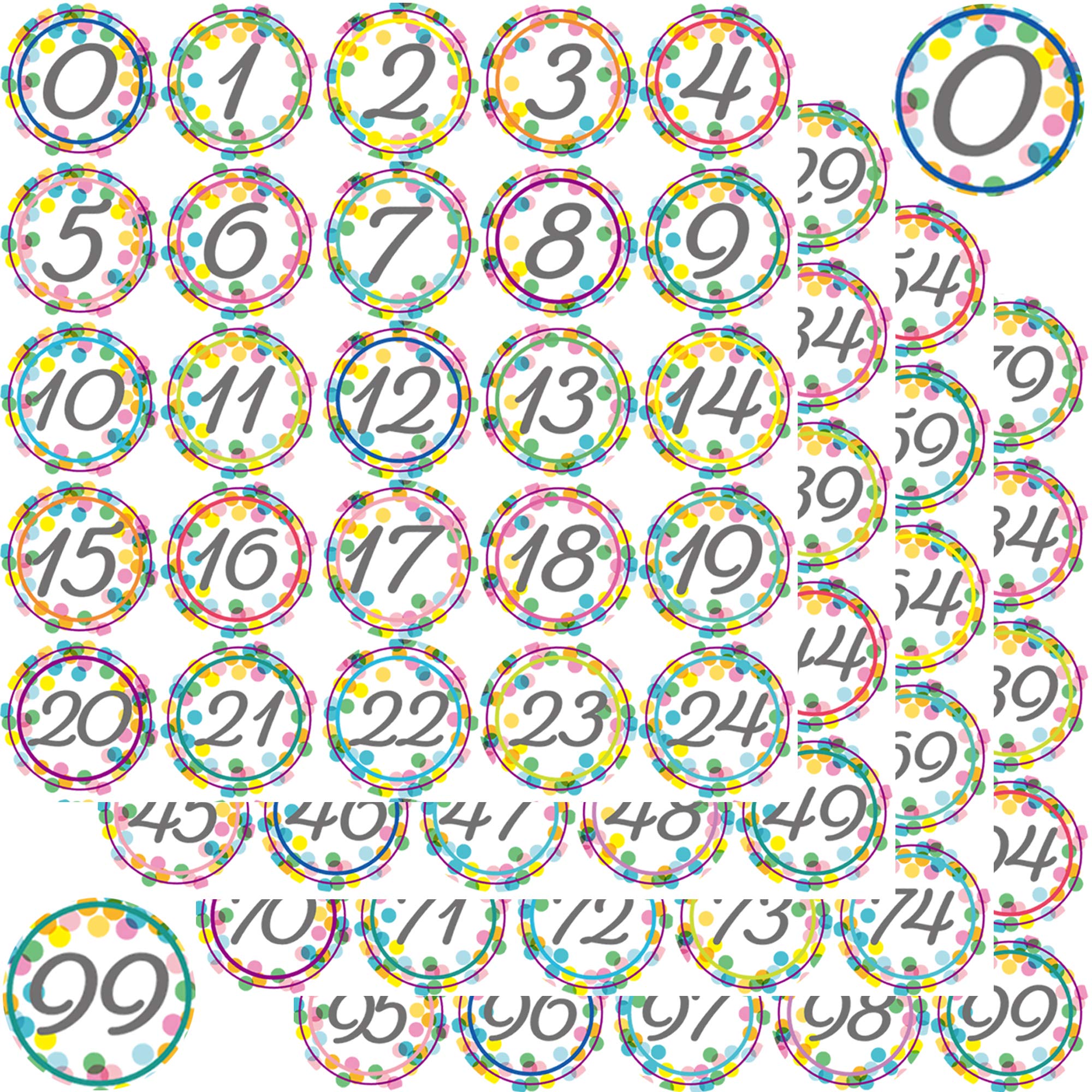 Youngever 1800 Pcs 0-99 Numbers Stickers For Office, Classroom, Organizing, Each Measures 1 Inch Diameter (Confetti Style)