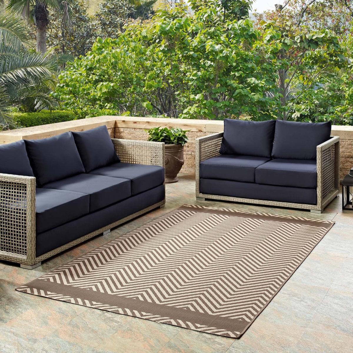 Modway Optica Chevron With End Borders 8X10 Indoor And Outdoor In Light And Dark Beige