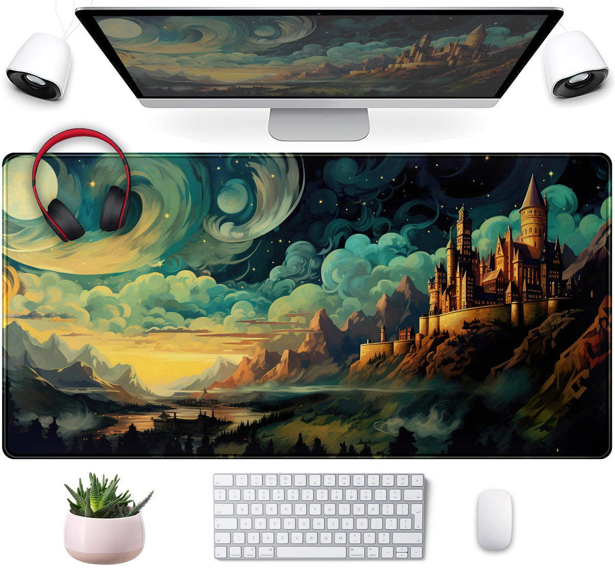 Cool Aesthetic Castle Mouse Pad Desk Pad Cute Cloudy And Starry Desk Mat, Office Desk Decor Anime Mousepad Laptop Keyboard And M