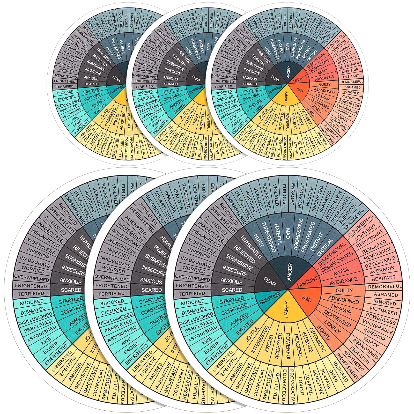 6 Pieces Feelings Wheel Vinyl Sticker 6 Inches 3.2 Inches Emotion Decal Office Decor Mental Color School Chart For Car Social Wo