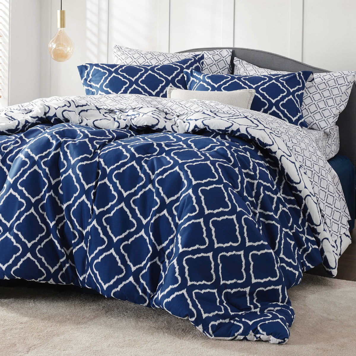 Bedsure King Comforter Set 7 Pieces - Navy Blue Quatrefoil Comforters King Size, Lightweight Bedding Sets For All Season, Bed In