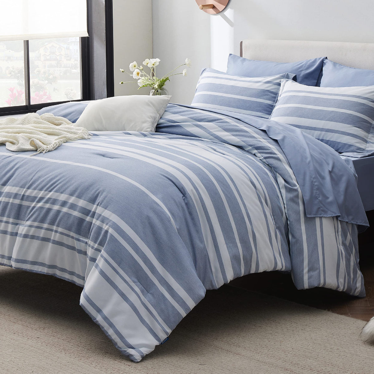 Bedsure Full Size Comforter Set 7 Pieces, Blue White Striped Bedding Comforter Sets All Season Bed Set, Bed In A Bag Full With C
