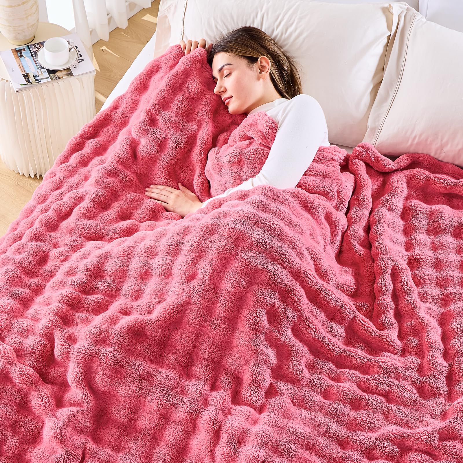 Newcosplay Queen Blanket For Couch Coral Pink Super Soft Flannel Fleece 3D Bubble Lightweight Bed Blanket All Season Use (Coral