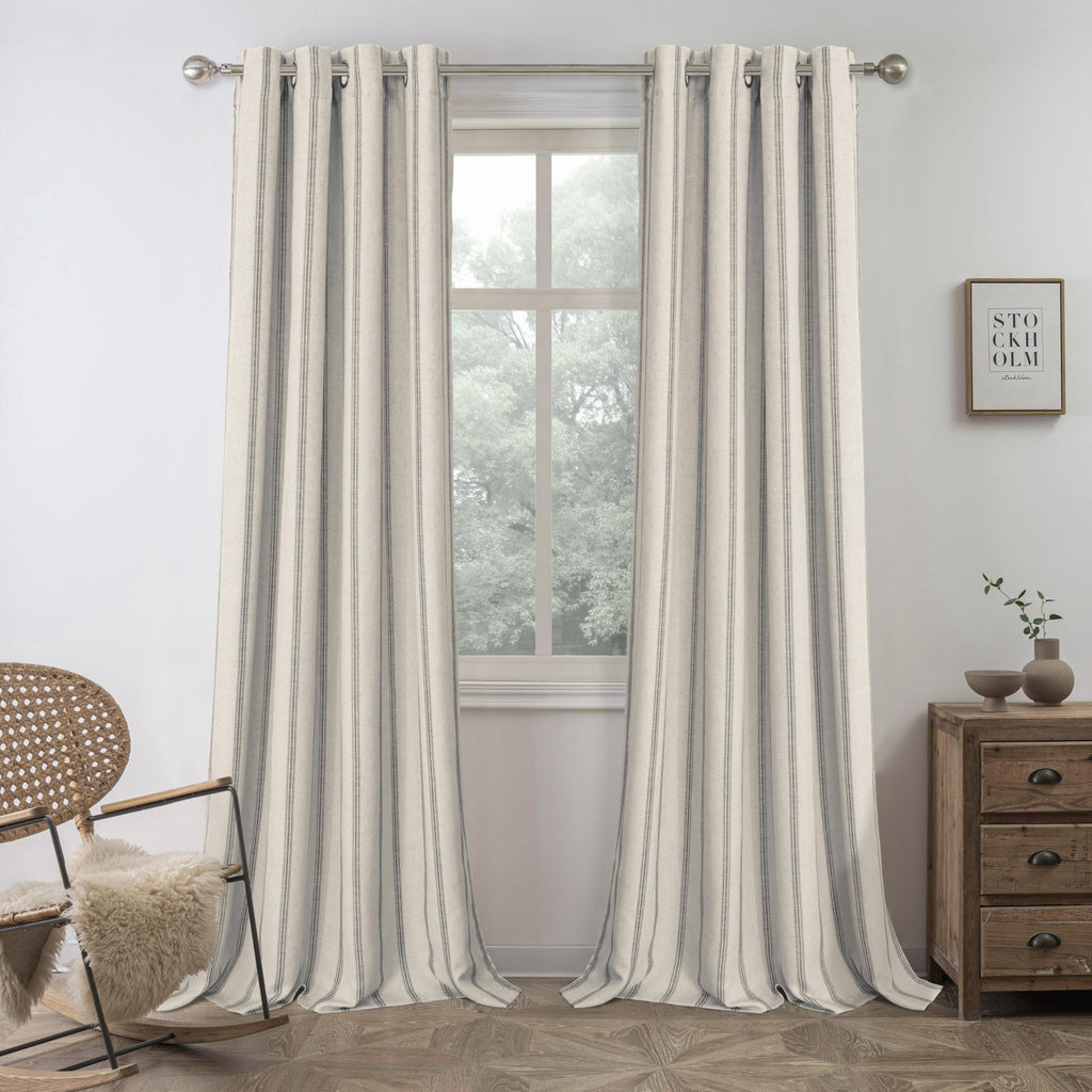 Driftaway Farmhouse Linen Blend Blackout Curtains 84 Inches Long For Bedroom Vertical Striped Printed Linen Curtains Thermal Ins