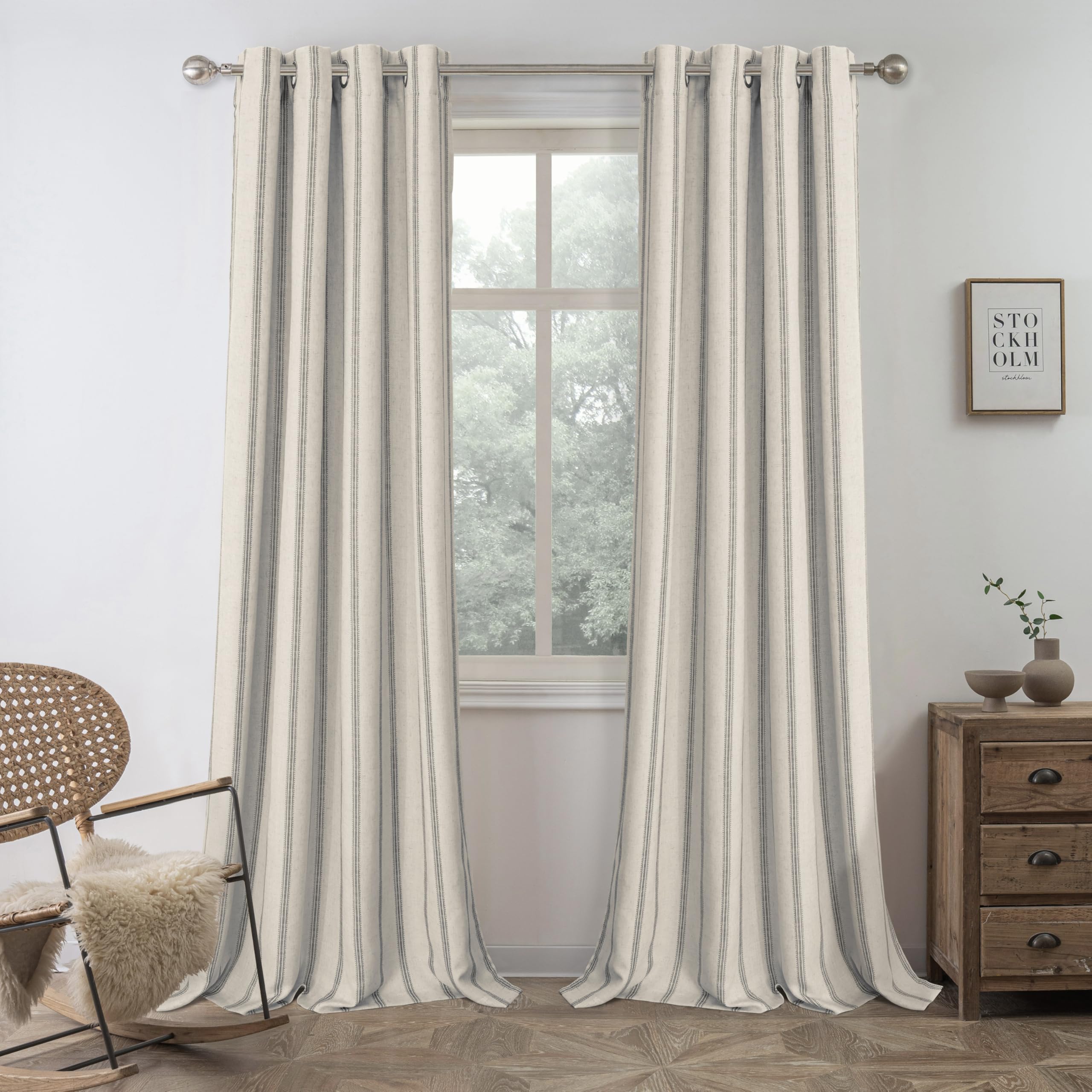 Driftaway Farmhouse Linen Blend Blackout Curtains 84 Inches Long For Bedroom Vertical Striped Printed Linen Curtains Thermal Ins
