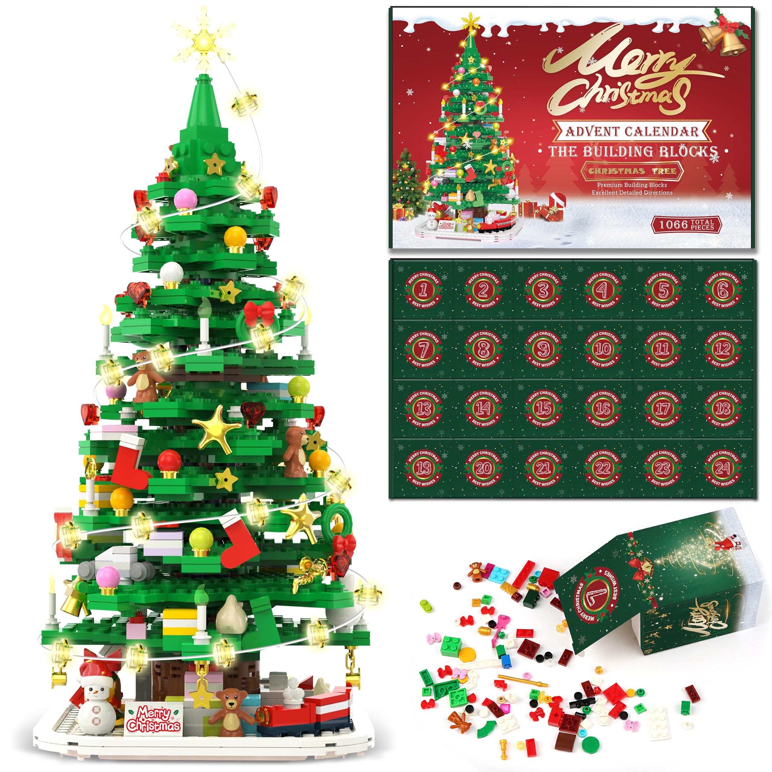 Advent Calendar 2024 Christmas Tree Building Toy Set with LED light, 1066 Pieces Christmas Countdown Calendar, 24 Days Building 