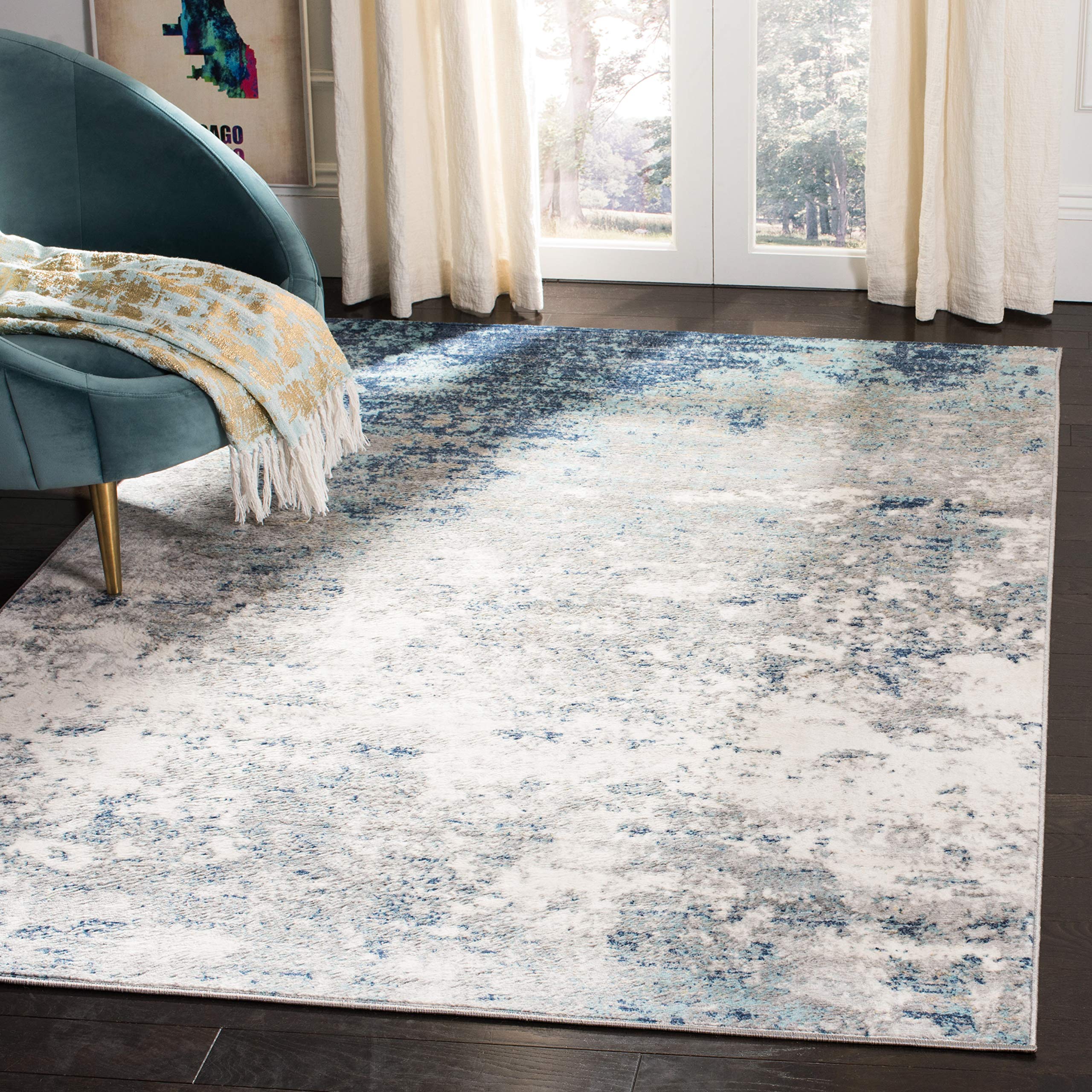Safavieh Brentwood Collection X-Large Area Rug - 12 x 15, Light Grey & Blue, Modern Abstract Design, Non-Shedding & Easy Care,