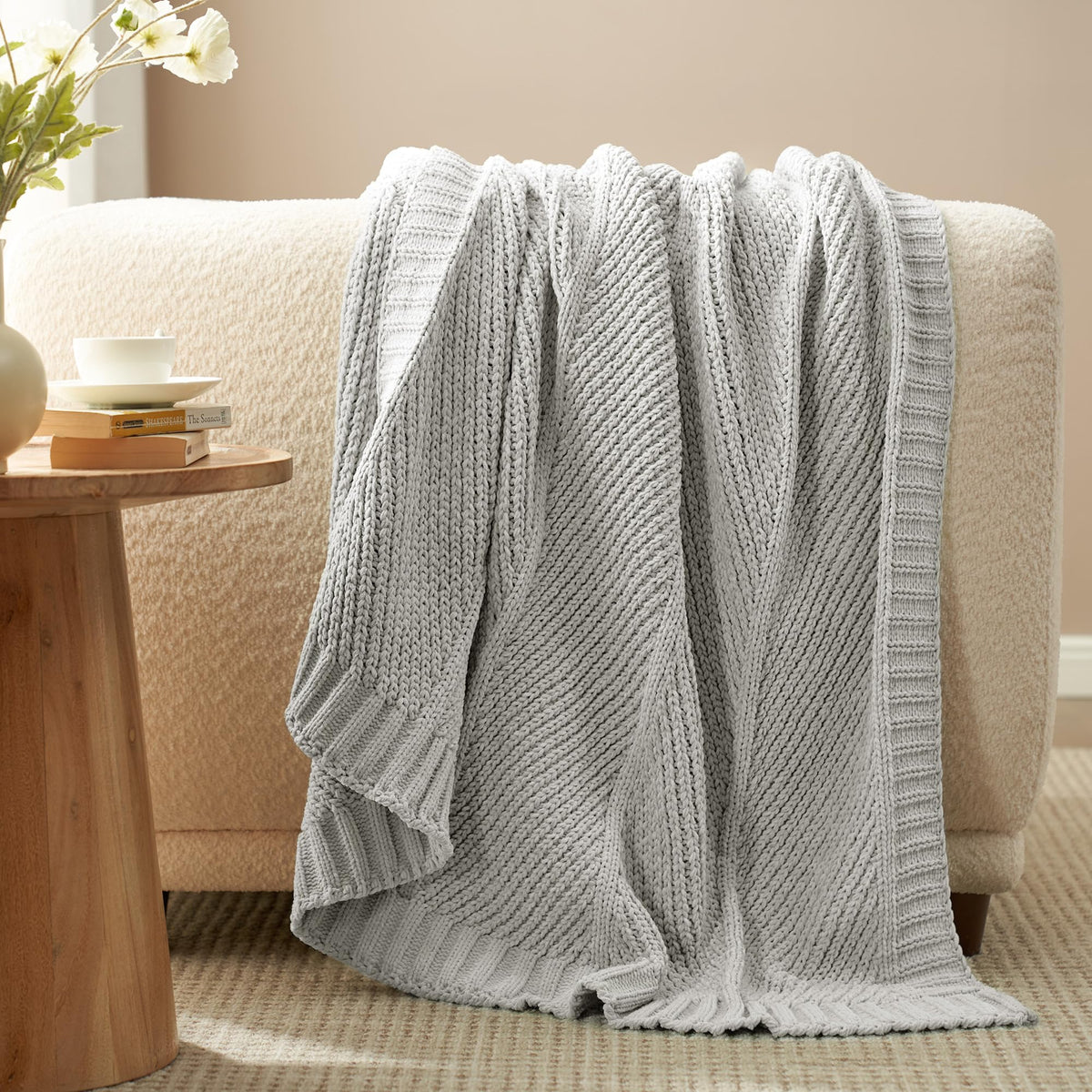 Am  Lie Home Cable Knit Throw Blanket For Couch, Chenille Knitted Chunky Knit Blanket With Chevron Texture Non-Shedding, Decorat