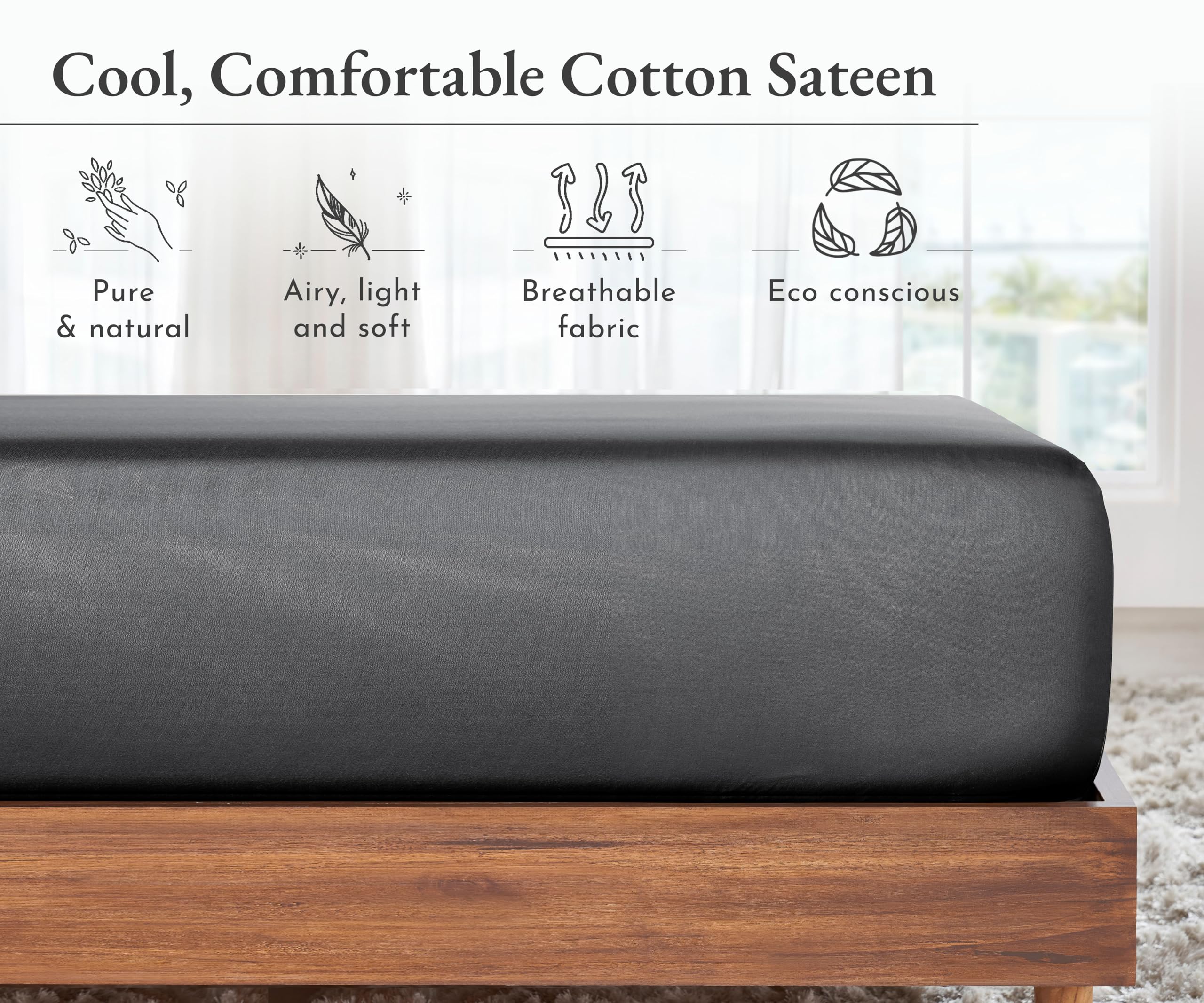 California Design Den Queen Fitted Sheet Only, Soft 100% Cotton Sateen, Deep Pocket, Durable All-Around Elastic, Head/Foot Side Indicators, Queen Size Fitted Sheet (Grey)