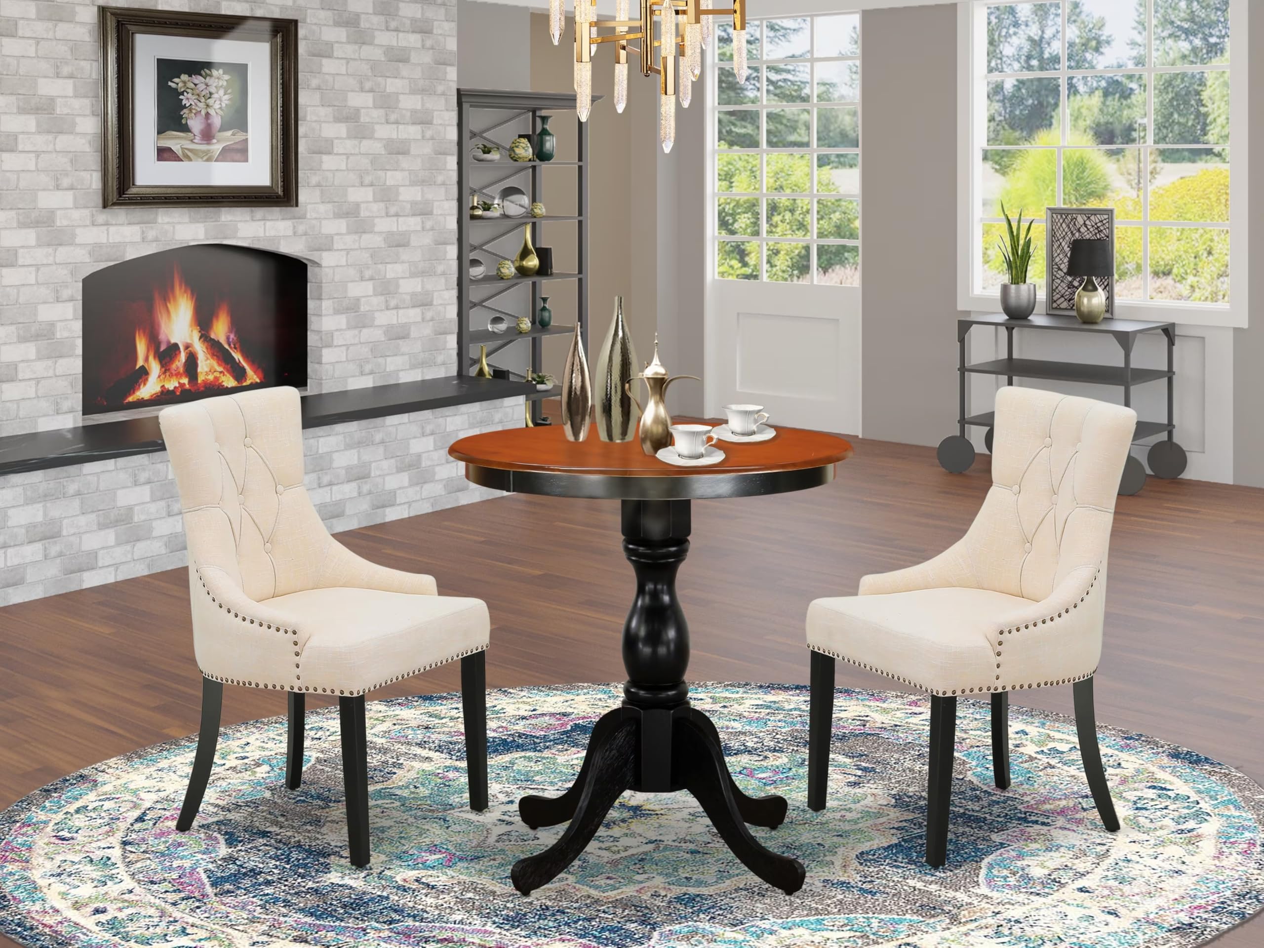 East West Furniture Esfr3-Mah-05 3 Piece Dinette Set For Small Spaces Contains A Round Dining Table With Pedestal And 2 Doeskin Linen Fabric Parsons Dining Chairs, 30X30 Inch, Mahogany