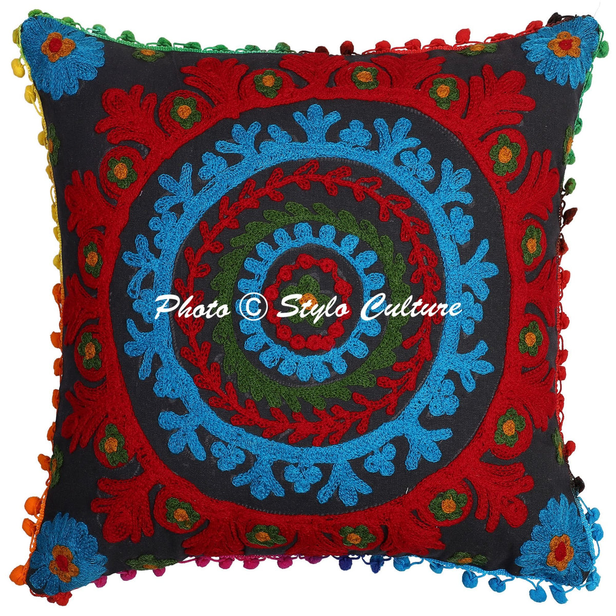 Stylo Culture Traditional Floral Cushion Cover 17X17 Inches Black Embroidered Suzani Work With Pompom Lace Cotton Square Decorat