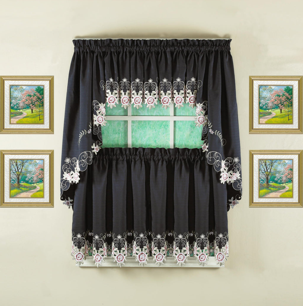 Today'S Curtain Verona Reverse Embroidery Tier, 36', Black/Rose, 60' W X 36' L