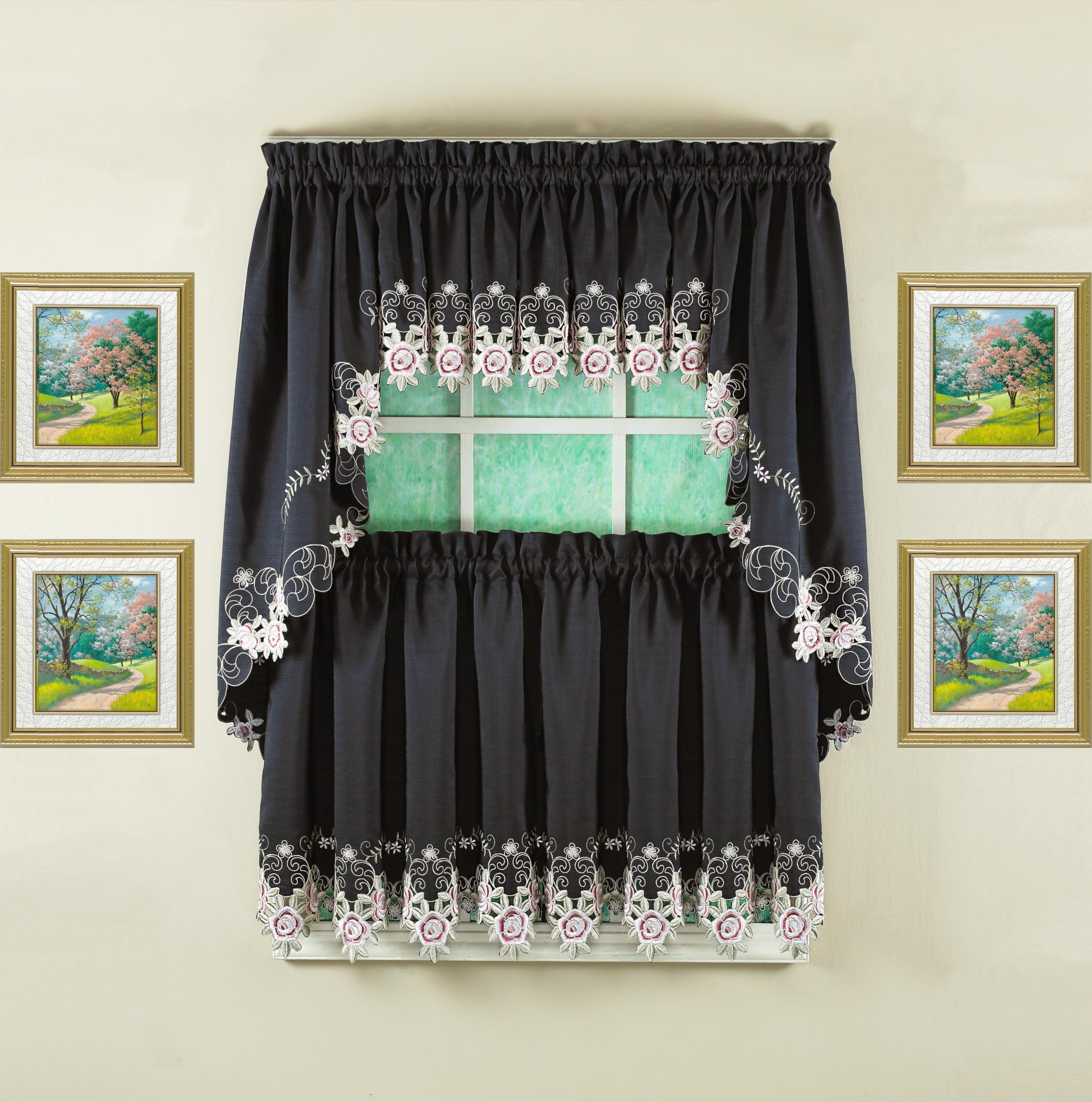 Today'S Curtain Verona Reverse Embroidery Tier, 36', Black/Rose, 60' W X 36' L