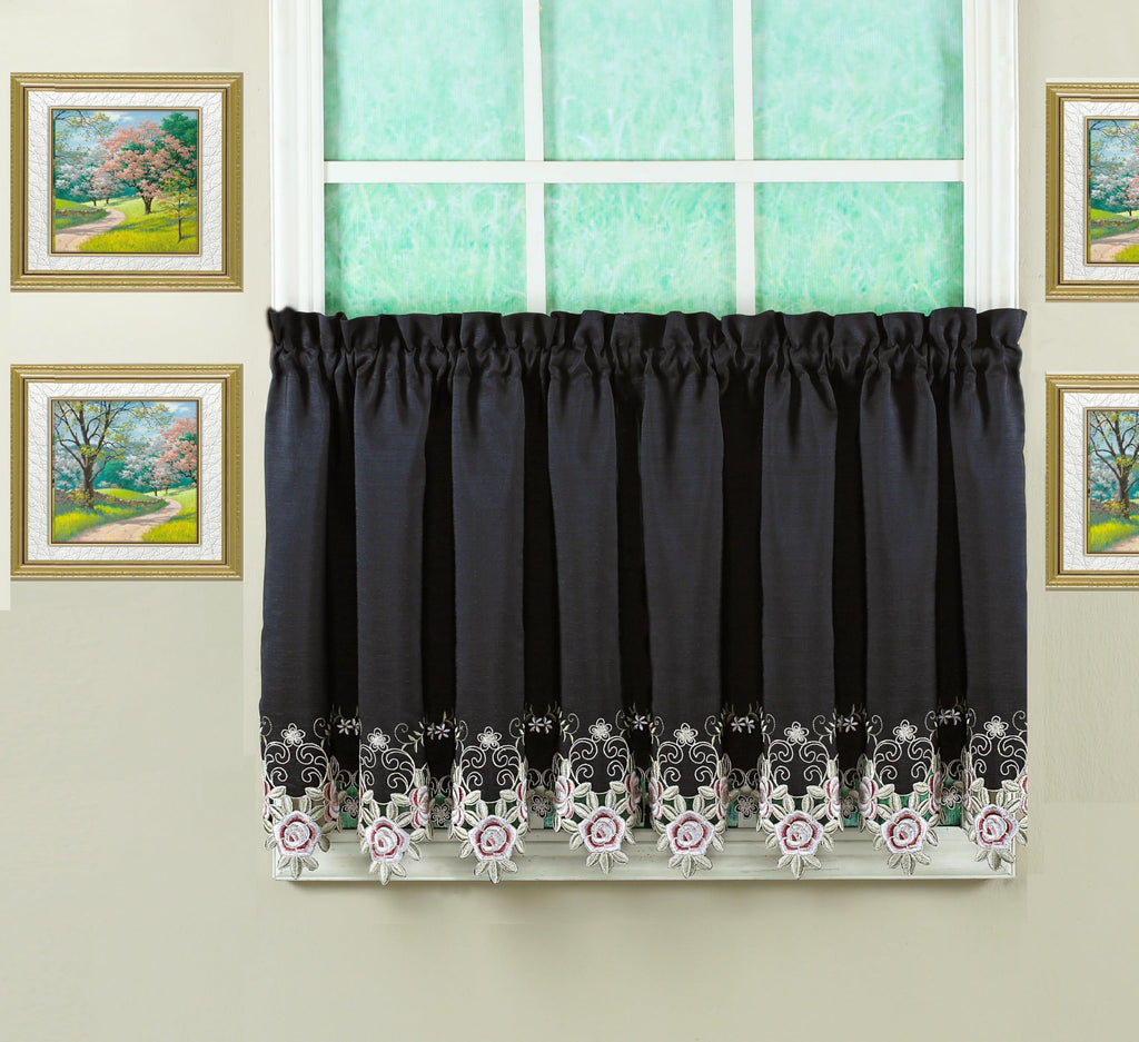 Today'S Curtain Verona Reverse Embroidery Tier, 24', Black/Rose, 60' W X 24' L
