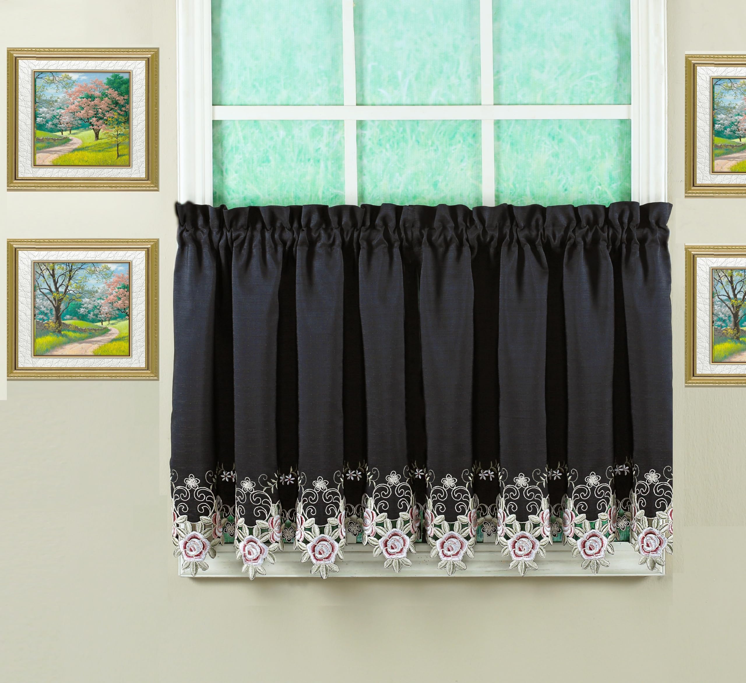 Today'S Curtain Verona Reverse Embroidery Tier, 24', Black/Rose, 60' W X 24' L