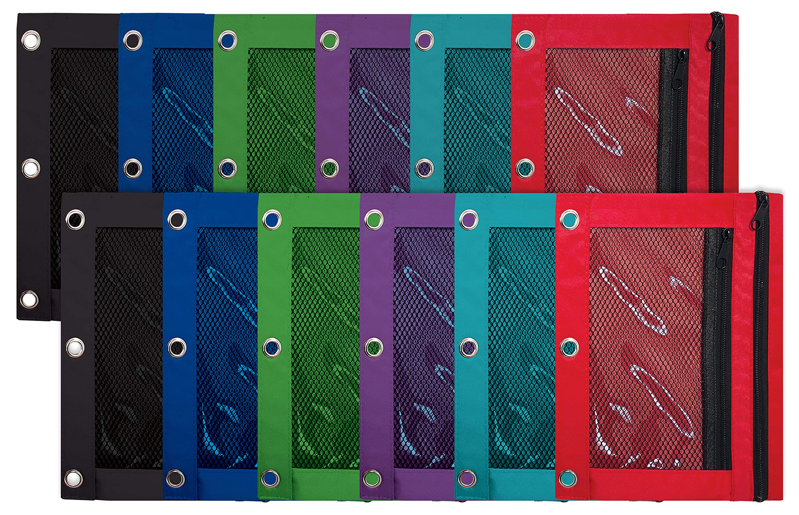 Better Office Products 3 Ring Pencil Pouch, 12 Pack, With Mesh Window, 2 Compartments, Assorted Colors