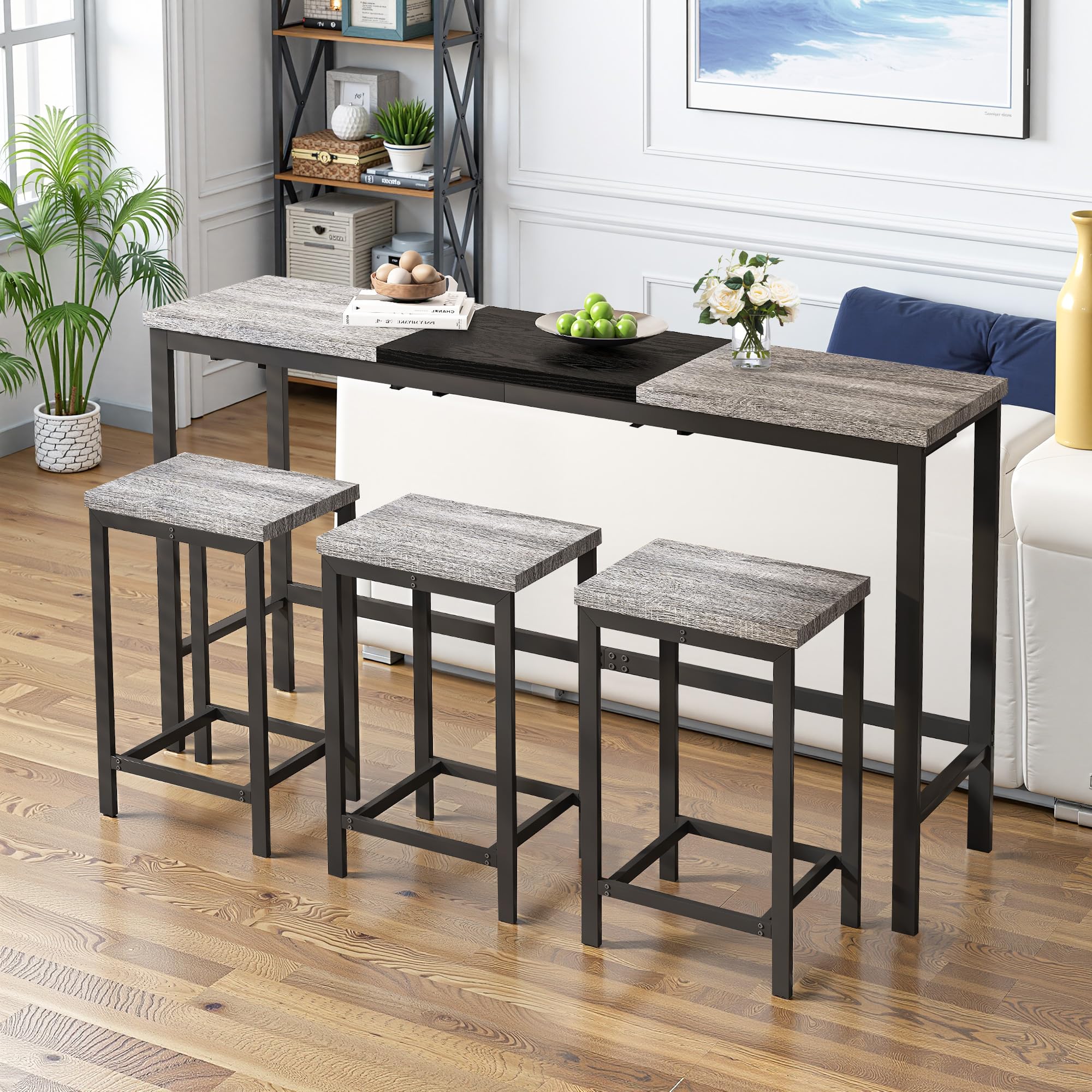 Long Dining Table With 3 Stools, 60' Kitchen Table Convenient Hanging Design, Modern Coffee Table Space Saving, Gery