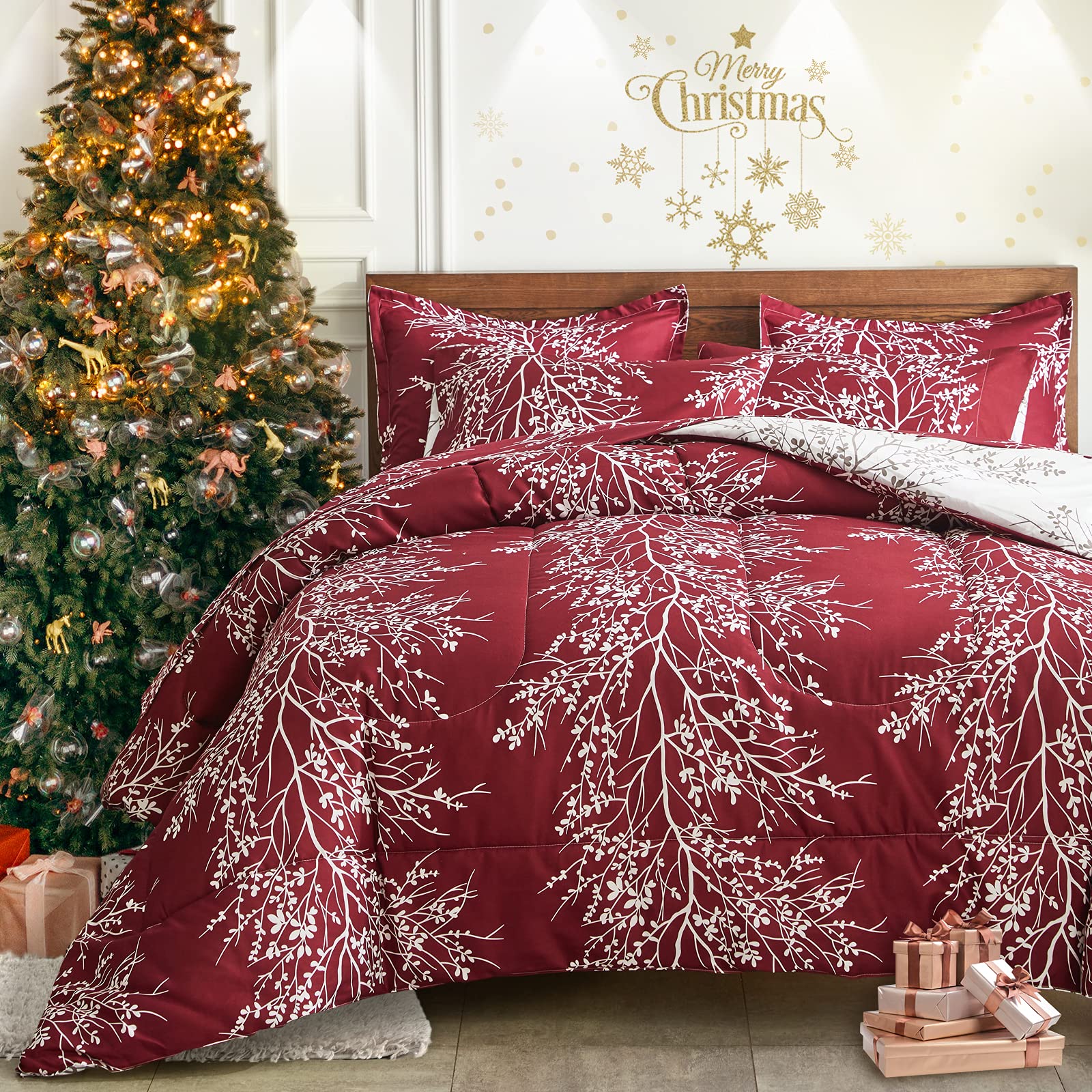Christmas Bed In A Bag Burgundy Red Comforter Sheet Set 7 Pieces Queen Size All Season Tree Branch Soft Microfiber Bedding Set (
