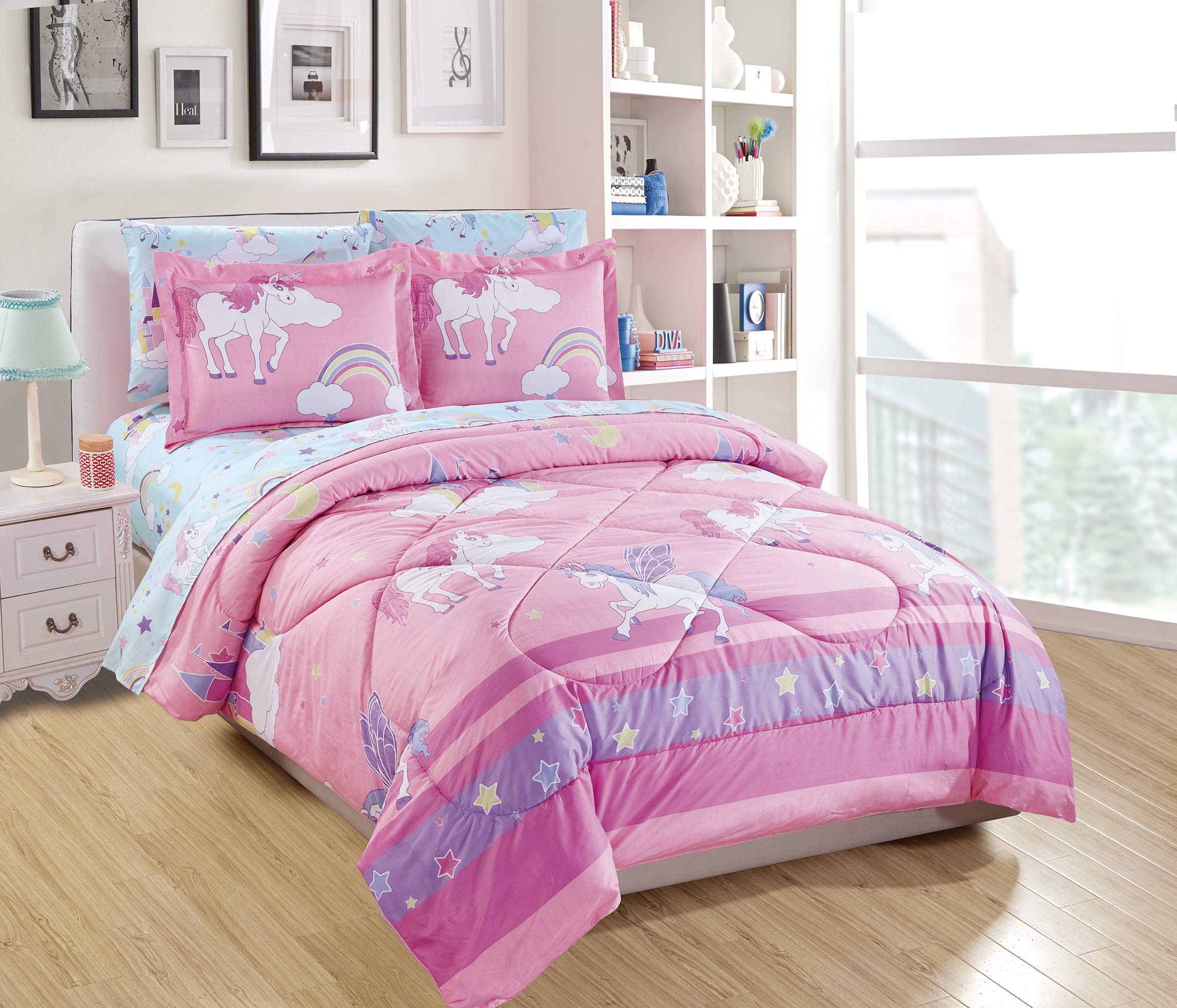 Linen Plus Twin Size 5Pc Comforter Set For Girls/Teens Unicorn Rainbow Castle Pink Purple Yellow White New