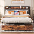 Likimio Queen Bed Frame, Storage Headboard With Charging Station, Platform Bed With Drawers, No Box Spring Needed, Easy Assembly, Vintage Brown And Gray