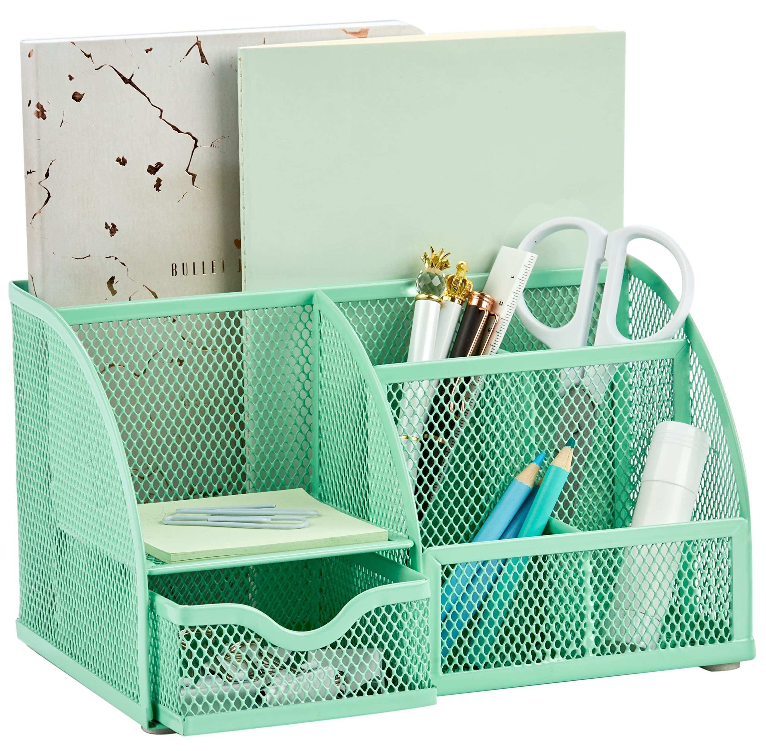 Annova Mesh Desk Organizer Office With 7 Compartments + Drawer/Desk Tidy Candy/Pen Holder/Multifunctional Organizer (New Green)