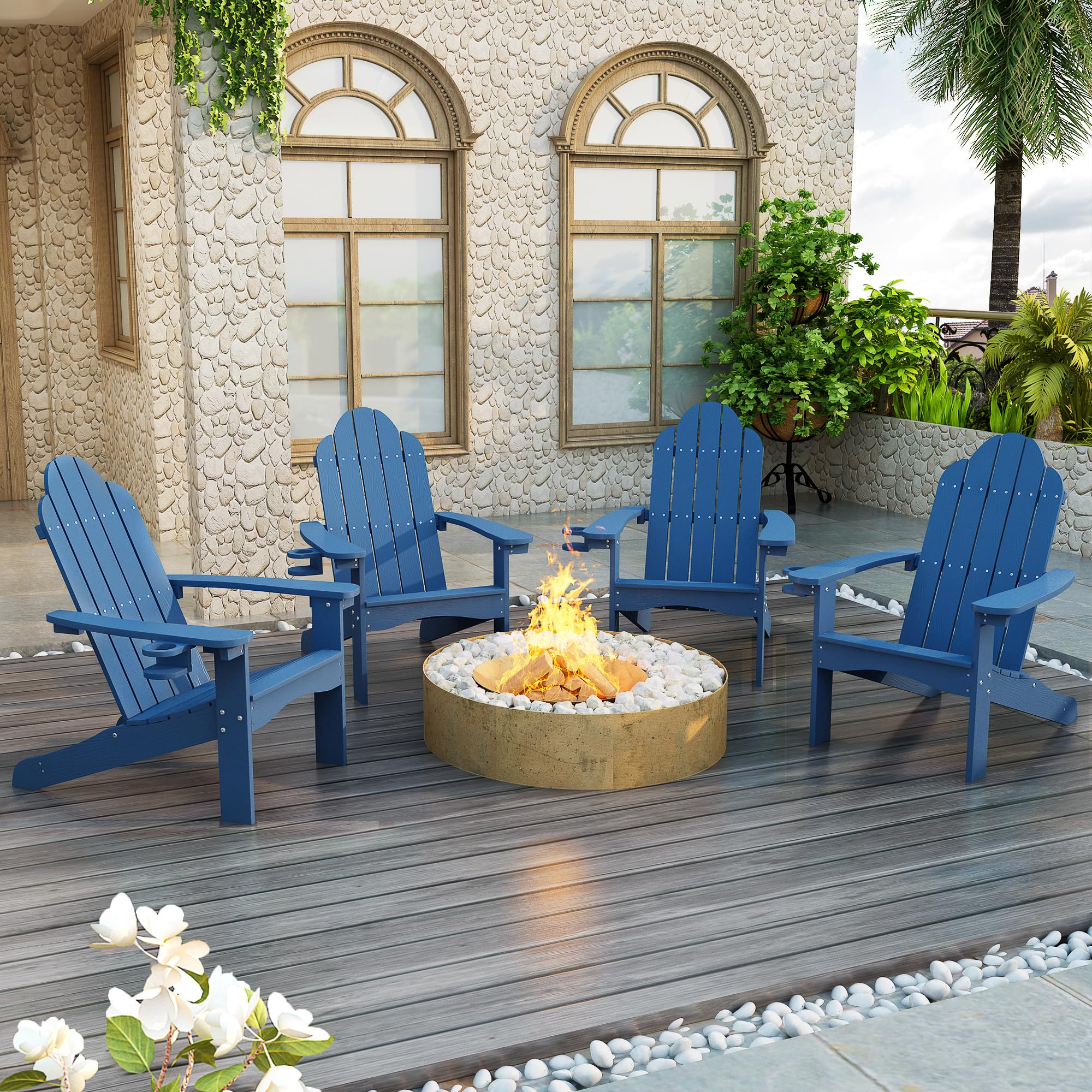 Lue Bona Hdps Adirondack Chairs Set Of 4, Fire Pit Outdoor Chair Weather Resistant With Cup Holder, Modern Plastic Chair Plastic For Patio, Deck, Proch, 350Lbs, Navy Blue