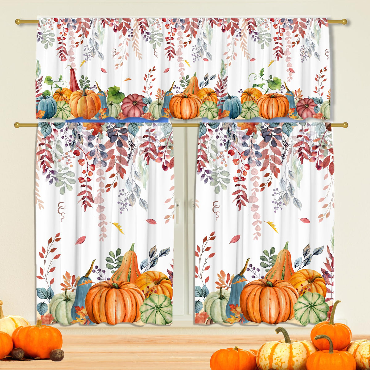 Fall Valance Curtain For Kitchen-Fall Decorations Leaves Pumpkin Window Valance For Living Room Bedroom-Fall Decor Rod Pocket Va