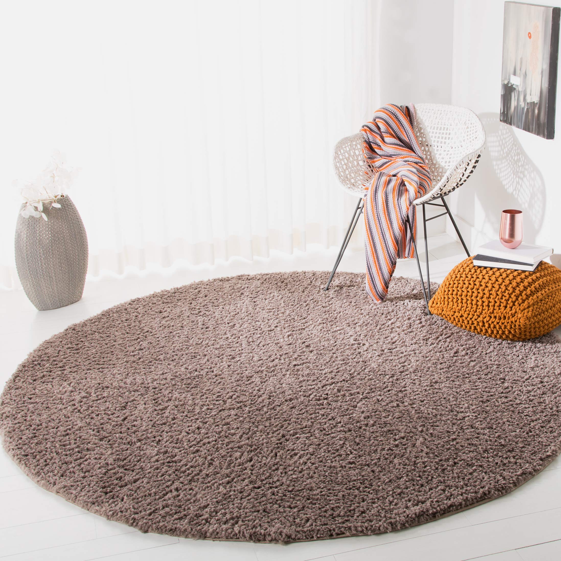 SAFAVIEH August Shag Collection Area Rug - 4 Round, Taupe, Solid Design, Non-Shedding & Easy Care, 1.2-inch Thick Ideal for Hig