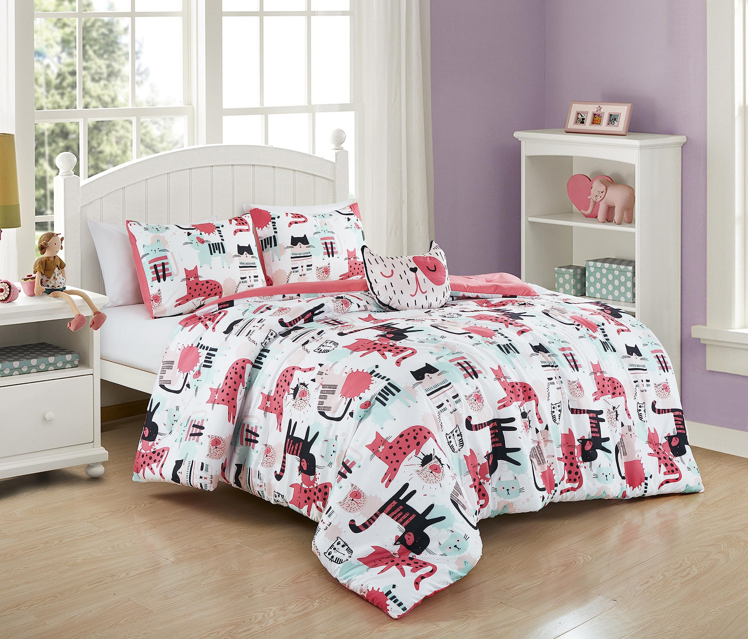 Chezmoi Collection 4-Piece Cartoon Cats Bedding Set Full/Queen Size - Blue Pink Black Soft Microfiber Comforter Set W/Cat Throw
