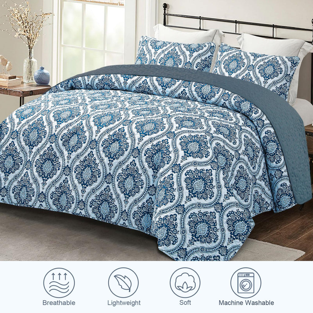 Exclusivo Mezcla Reversible Boho Quilt Set Queen Size, 3 Pieces Damask Blue All Season Bedspreads, Ultra Soft Floral Coverlet Be